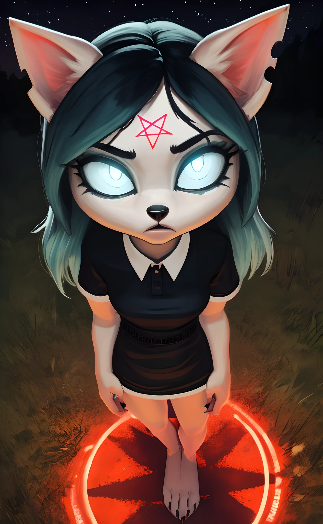 [Claire (the summoning)], [Uploaded to e621.net; (Pixelsketcher), (wamudraws)], ((masterpiece)), ((1girl)), ((solo portrait)), ((full body)), ((POV)), ((bird's-eye view)), ((furry; anthro)), ((detailed fur)), ((detailed shading)), ((beautiful render art)), ((cinematic lighting)), ((horror)), ((menacing)), ((fisheye lens)), {anthro; (slim figure), white fur, black nose, (cut on left ear), long blue hair, (bang over left eye), (pink glowing pentagram on forehead), (cute cyan cat eyes), (glowing eyes), (slit pupils), (gorgeous hips), (beautiful legs), (beautiful feet), (black claws), (expressionless)}, {(short sleeve black white-collared shirt), (tight short bodycon dress), (upskirt light-blue panties)}, {(standing over viewer), (arms at side), (looking down at viewer)}, [background; (park), (nighttime), (starry sky), (full moon), (ambient lighting)]