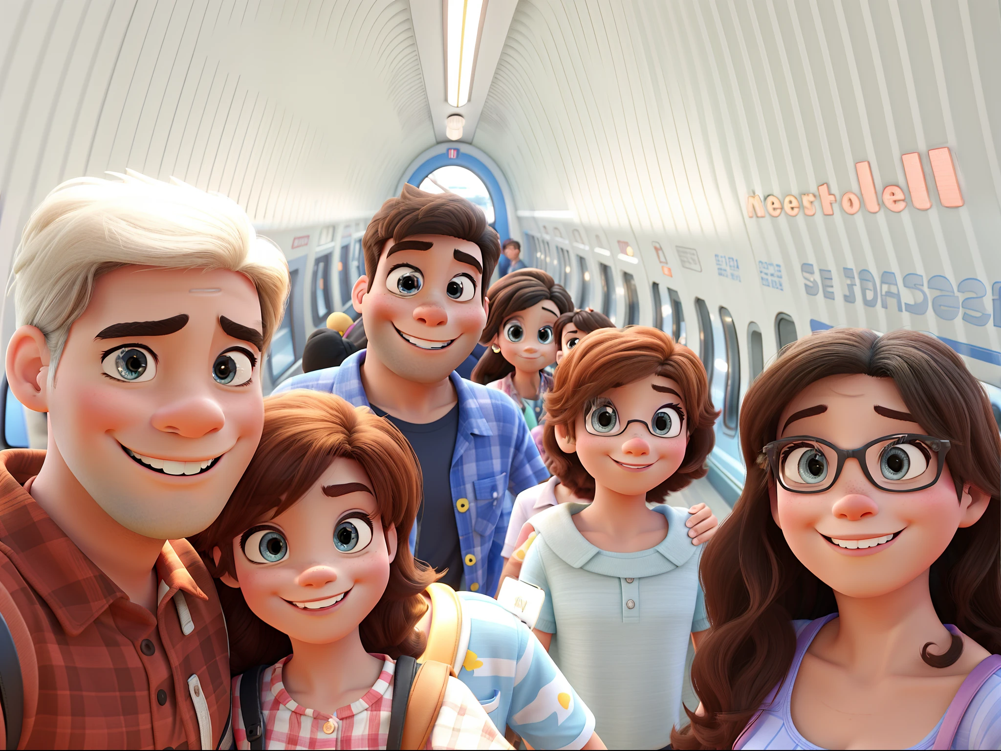 Disney pixar style. Family of five persons, taking a photo at metro. Best quality image.