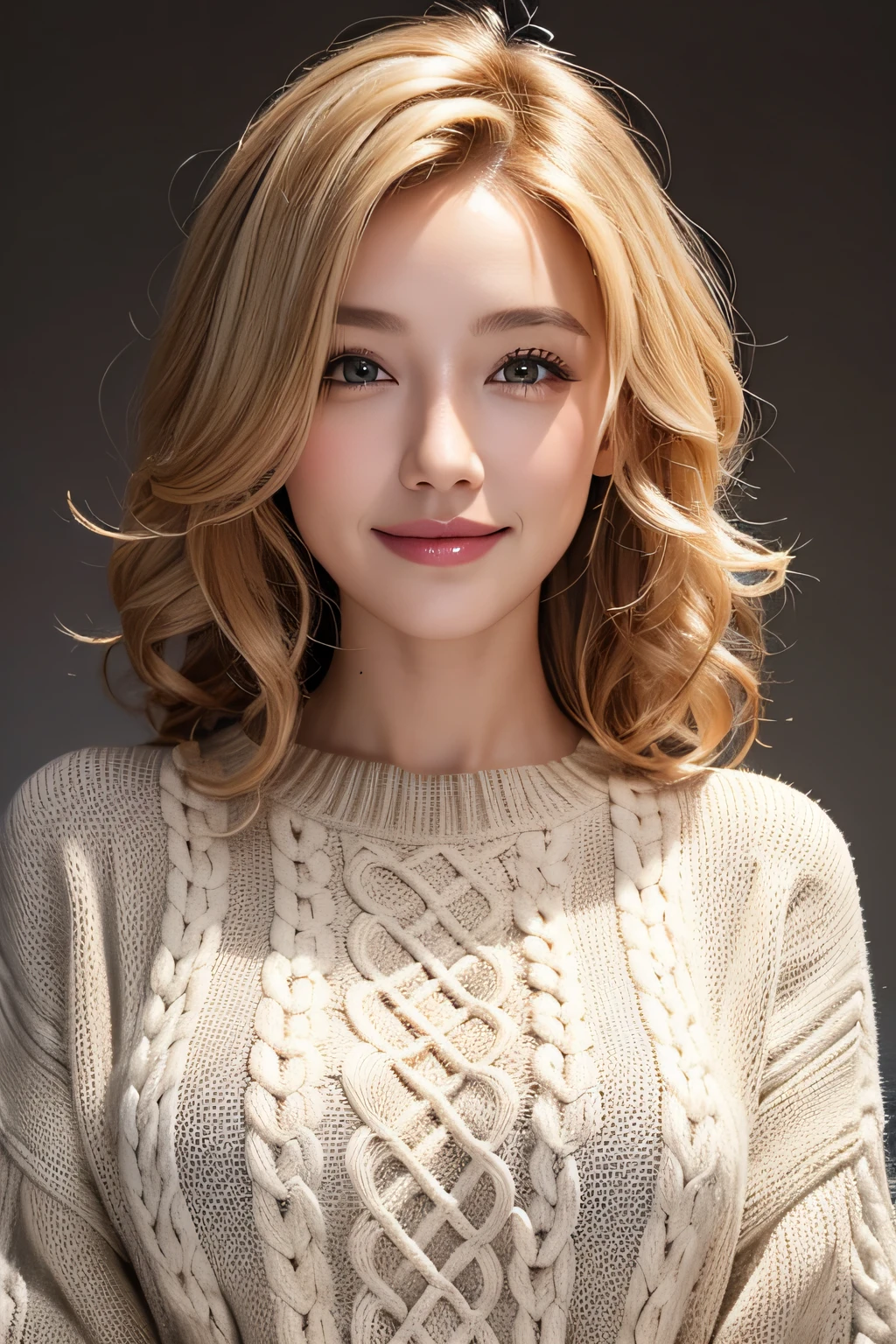 Portrait of a model woman with blonde curly hair in a warm designer sweater, In the style of branded clothes, Panoramic view of the sweater, Panasonic GH5, happy expressions, low key image, Sharp textures - images #2 @Slence Sleng