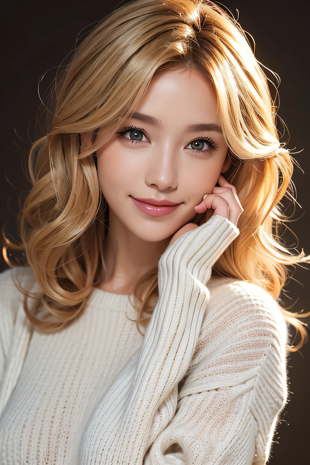 Portrait of a model woman with blonde curly hair in a warm designer sweater, In the style of branded clothes, Panoramic view of the sweater, Panasonic GH5, happy expressions, low key image, Sharp textures - images #2 @Slence Sleng
