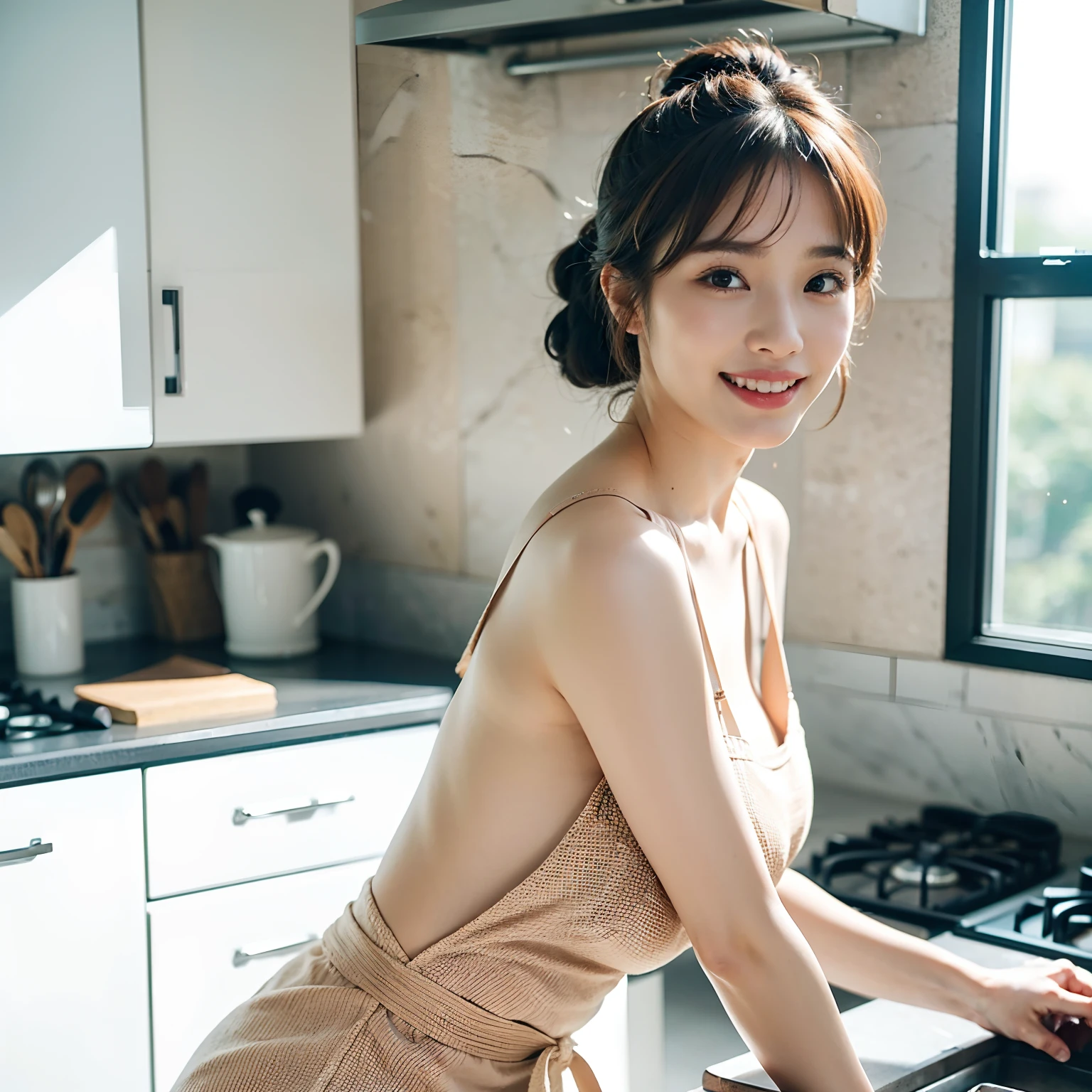 A beautiful, cute and sweet 15-year-old Korean girl in a luxury kitchen, wearing an above-knee length dress, busy cooking, (best quality,4k,8k,highres,masterpiece:1.2),ultra-detailed,(realistic,photorealistic,photo-realistic:1.37),extremely detailed eyes and face, beautiful detailed eyes, beautiful detailed lips, longeyelashes, high-end seafoam colour kitchen interior, luxury pink colour cookware, ingredients on the counter, knife, fruits, vegetables, natural lighting, warm color tones, soft focus, elegant, refined, high-end, culinary, cooking, portrait, beautiful face, realistic face, realistic skin, realistic smile, realistic atmosphere, every thing is realistic, cutest smile, realistic body, realistic body language, mouth watering beauty, standing, upper body shot, cute face, stylish look, stylish angles, tempting eyes, realistic hands, realistic arms, realistic hand fingers, realistic legs
