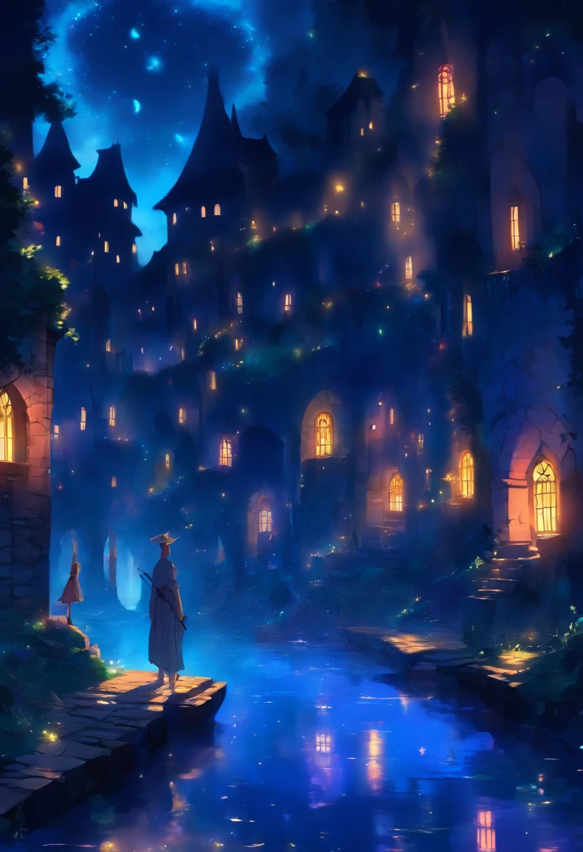 Luzes flutuantes de dia das bruxas, Cinematic light and reflection, luzes brilhantes, Intermediate elements of the metaverse，pintura digital, reflexos brilhantes, Pensando, dia das bruxas Jack-o'-lanterna, noite calma, digital illustation, bela atmosfera, Skylight at night, Calm atmosphere at night, Jack-o'-lanterna, dia das bruxas, a noite, Themoon, A cena do jogo, dia das bruxas, cercado por nuvens, Buildings in medieval Europe, telhas esmaltadas, UE, cores lindas, There are three arches in the foreground((tinta colorida)), ( (Tinta Splash ) ), ((Tinta Splash) Inky})), tmasterpiece, alta quaridade, graphics beautiful, alto detalhe