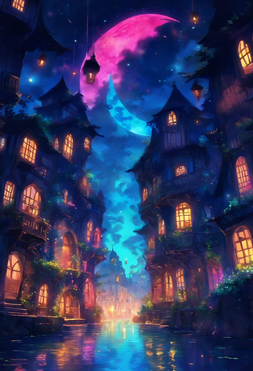 Luzes flutuantes de dia das bruxas, Cinematic light and reflection, luzes brilhantes, Intermediate elements of the metaverse,pintura digital, reflexos brilhantes, Pensando, dia das bruxas Jack-o'-lanterna, noite calma, digital illustation, bela atmosfera, Skylight at night, Calm atmosphere at night, Jack-o'-lanterna, dia das bruxas, a noite, Themoon, A cena do jogo, dia das bruxas, cercado por nuvens, Buildings in medieval Europe, telhas esmaltadas, UE, cores lindas, There are three arches in the foreground((tinta colorida)), ( (Tinta Splash ) ), ((Tinta Splash) Inky})), tmasterpiece, alta quaridade, graphics beautiful, alto detalhe