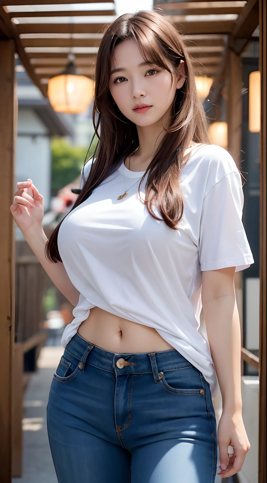 ((Realistic lighting、top-quality、8K、Master masterpiece:1.3))、Clear focus:1.2、 girl with、Perfect Body Beauty:1.4、Slim abs:1.1、Whole human body、((dark brown  hair、large full breasts:1.3))、(Acceleration:1.4)、(outside of house、Night:1.1)、Waikiki beach、Fireworks Festival、Palm Tree、Slender face、Fine eyes、二重まぶた、Fashion Model Pose、Floating hair、tshirts、jeans、Pendants、