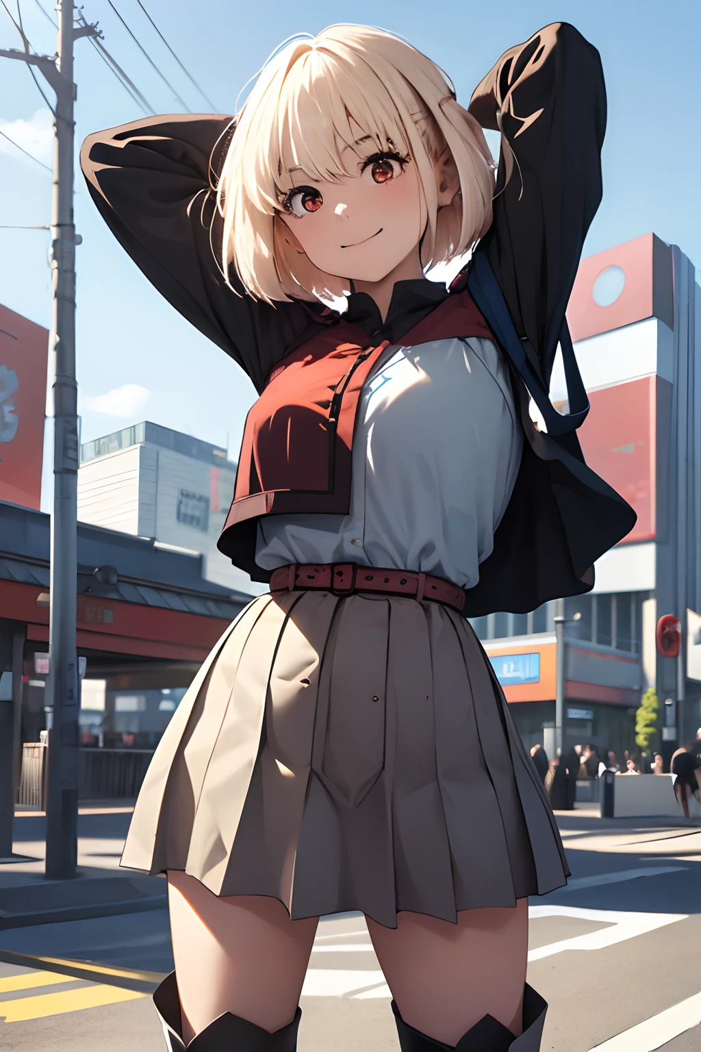 (top-quality、in 8K、32K、masterpiece、nffsw、ighly detailed:1.2)、cowboy shot, (blue open sky、Shinjuku、In front of the station:1.4)、beautiful shadow、beauitful face、blurry backround、16-year-old beautiful girl、shinny skin, Beautiful black hair、Blunt bangs、 Katyusha、side poneyTail、Brown eyes、off shoulder blouse、pleatedskirt、long boots、miscievous smile、Raising arms、jamping、Hip Hop Cable、
