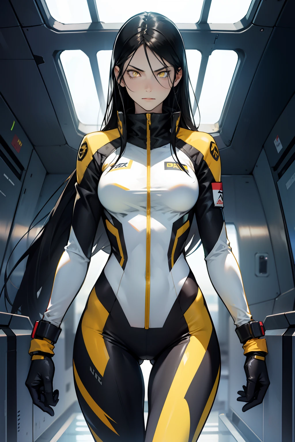 1 girl, black hair, yellow eyes, very long hair, pale skin, fit body, slender body, slim waist, large breasts, (confident expression), pilot suit, thigh gap