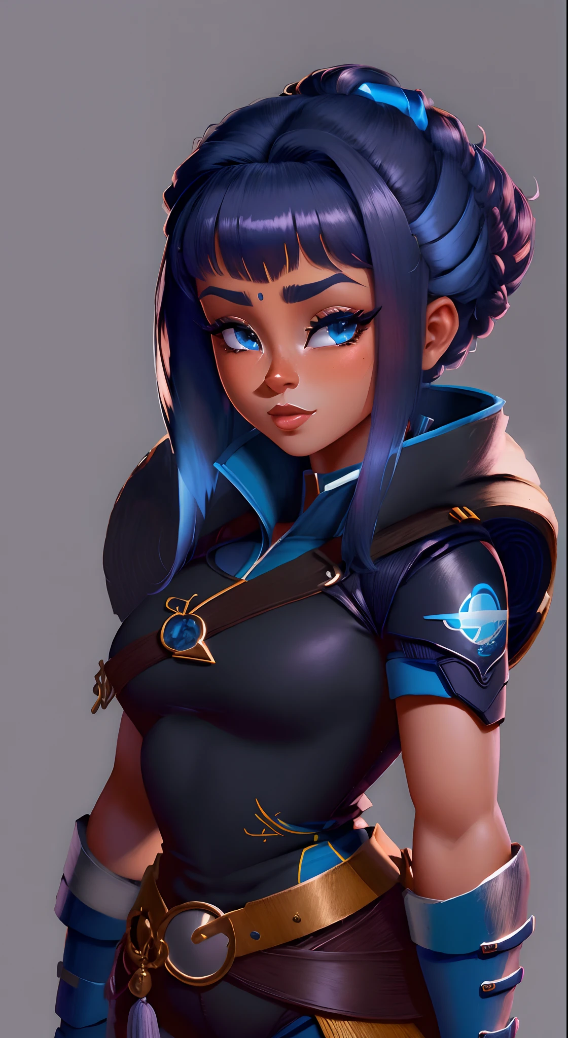 master part, best quality, (Muito detalhado CG unidade 8k papel de parede) (best quality), (best illustration), (Melhores Sombras) engrenagem00d, uma mulher de corpo inteiro, fundo simples, GRADIENT BACKGROUND, maquiagem, pele azul, Cabelo roxo, Olhando para cima, batom, dinamico