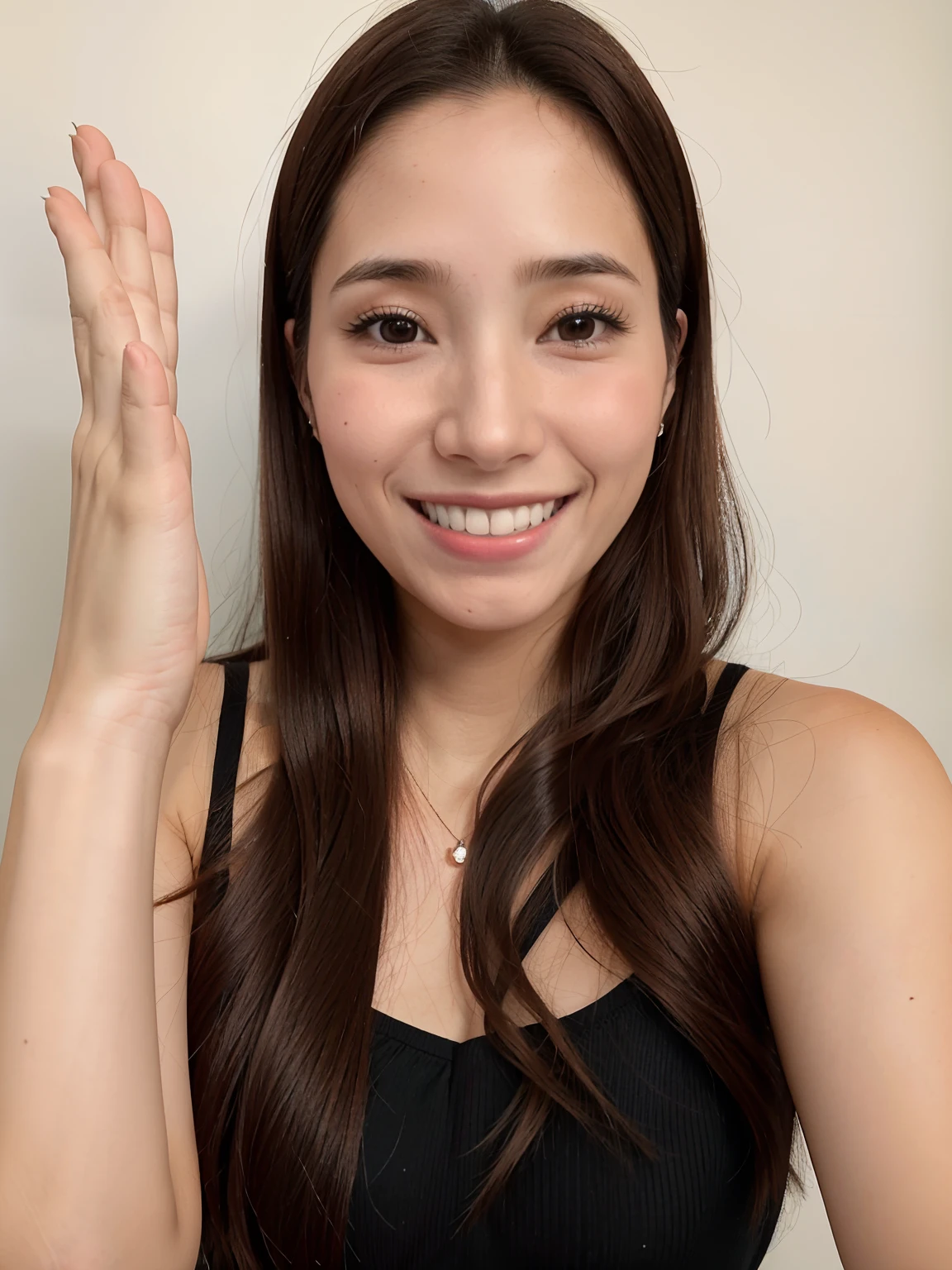 smiling woman with long brown hair and a black top holding up her hand, 3 0 years old woman, 30 years old woman, 30-year-old woman from cuba, selfie of a young woman, waving at the camera, young woman in her 20s, headshot profile picture, 8k selfie photograph, 2 , waving and smiling