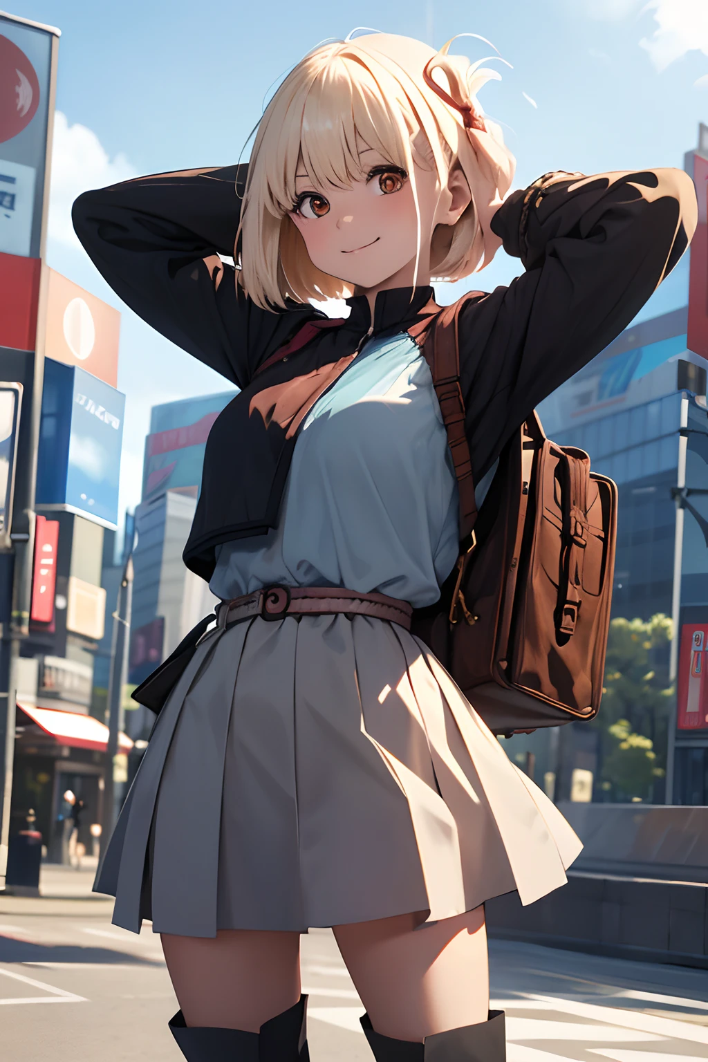 (top-quality、in 8K、32K、masterpiece、nffsw、ighly detailed:1.2)、cowboy shot, (blue open sky、Shinjuku、In front of the station:1.4)、beautiful shadow、beauitful face、blurry backround、16-year-old beautiful girl、shinny skin, Beautiful black hair、Blunt bangs、 Katyusha、side poneyTail、Brown eyes、off shoulder blouse、pleatedskirt、long boots、miscievous smile、Raising arms、jamping、Hip Hop Cable、