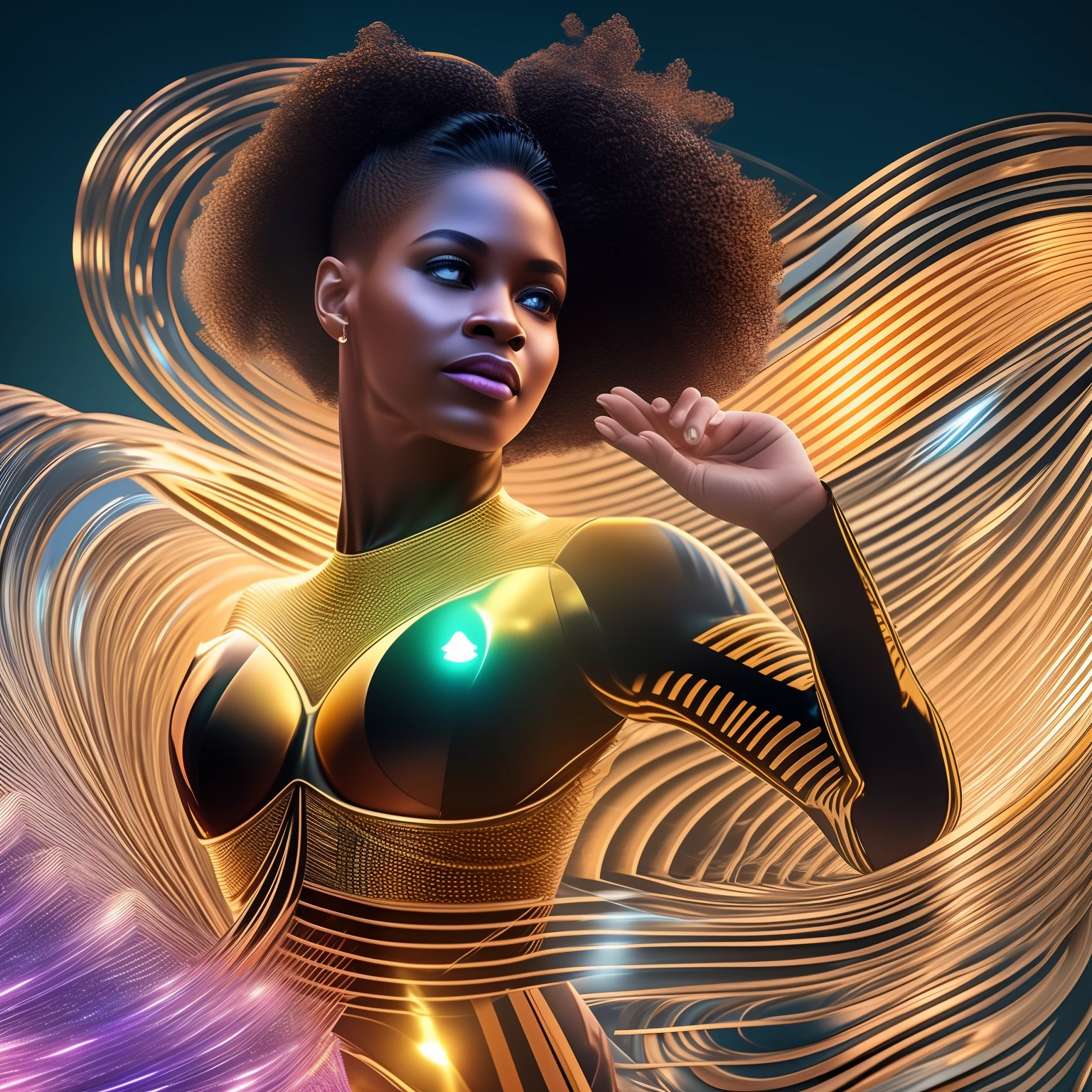 Electronic waves  in shape of a black woman floating inside a computer system, interior of a computer system with waves in shape of a woman, chips and digital codes floating around her, with bright and vibrant golden sparkling light,  with beautiful iridescent light, artgerm style, 32k, ultra HD, unreal engine rendered, hyper-realistic image --auto --s2