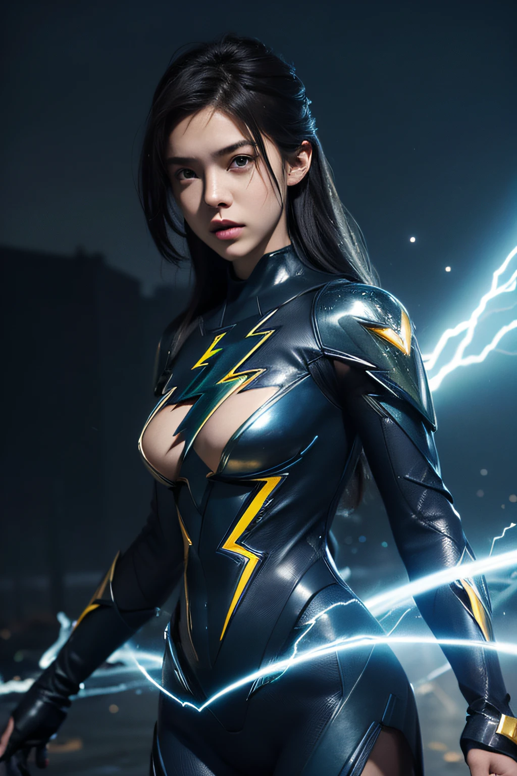 (18-year-old young woman wearing soul body with blue and black lightning particles emitted around her), 3D Rendering, Movie special effects, Movie Lighting, ruin city, Clear HD, 8K resolution, Very detailed, Digital Painting, Concept art, Shinkai Makoto style, Pop prevalence trend, Pop, Pop Trends, Pixiv Pop Trend.