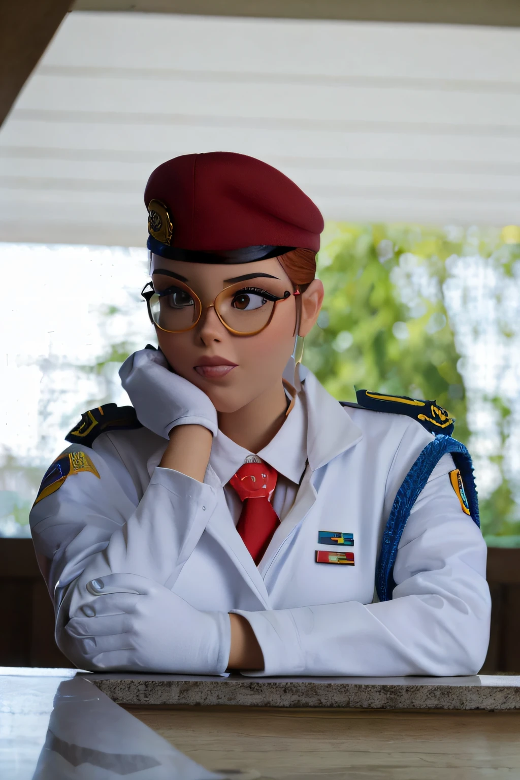 Mulher morena com roupa militar, usando boina vermelha, no estilo disney pixar, alta qualidade, melhor qualidade