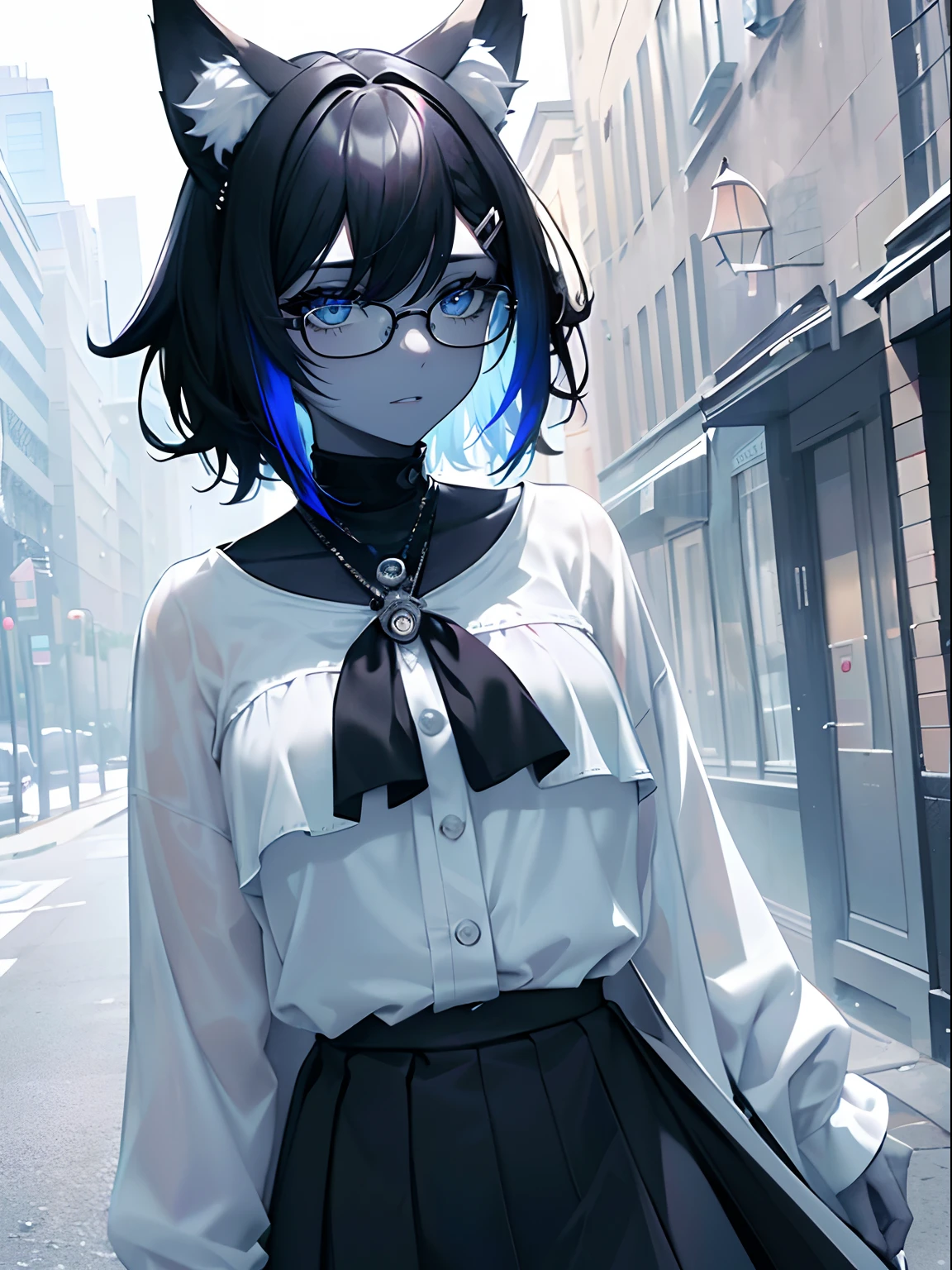 (masterpiece,best quality,ultra-detailed),1girl,black hair,short hair,messy hair,wolf ears,black and white hair,glasses,(((coloured skin,pale blue skin))),striped black skirt, white blouse,((grey theme)),((pastel colours theme)),in the park