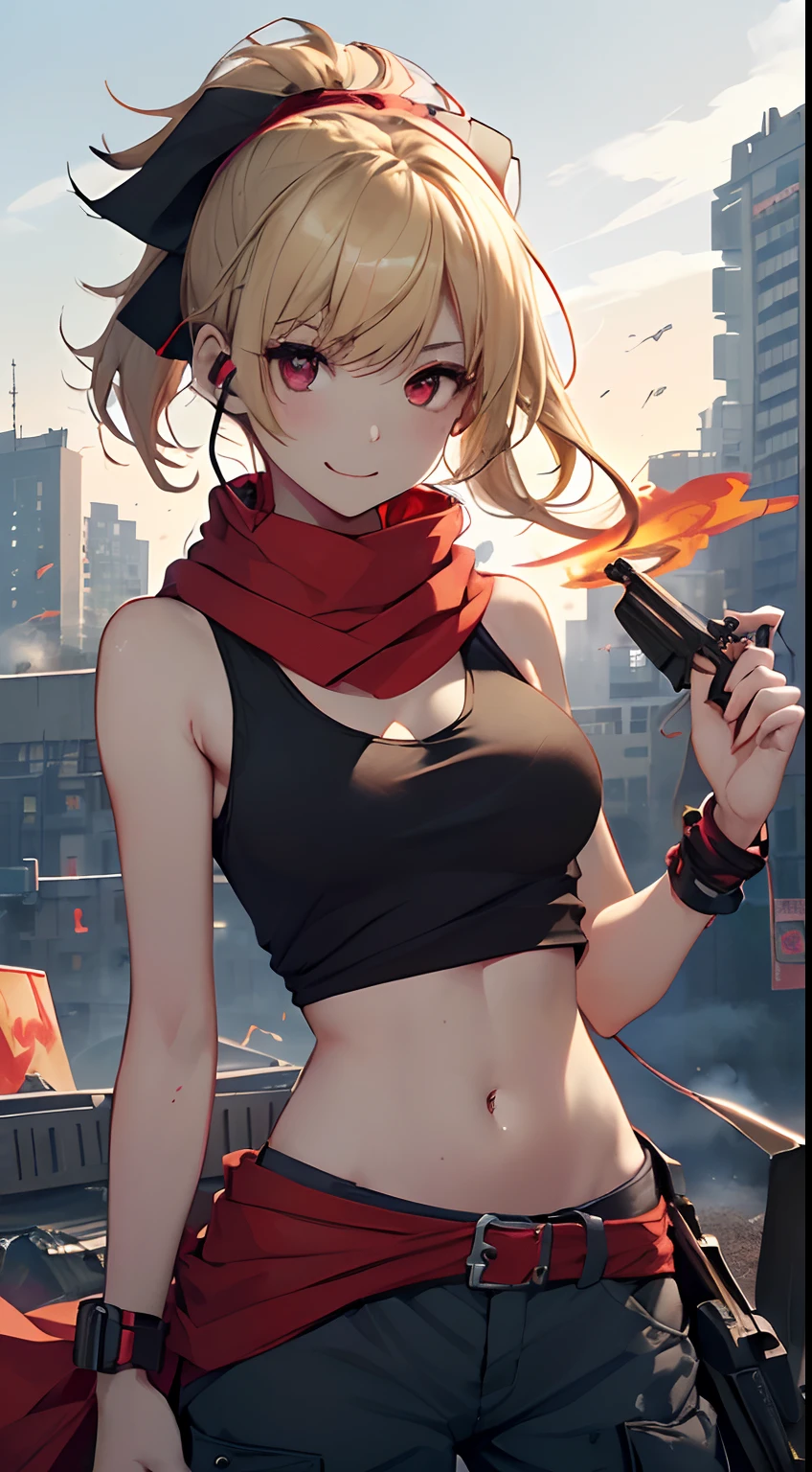 top-quality、Top image quality、masterpiece、girl with((18year old、Blue navel tank top、Military pants、Best Bust、Bust 90、Blonde Away Tail、Red Eyes、open chest wide、Valley、Happiness、A slender、ssmile、black bandana、Holding a revolver in your right hand,Earphone jack in ear、Red Body Paint、Shooter、Black scarf、dog tag、a little muscular、nffsw))hiquality、Beautiful Art、Background with((Survival Games、Burning smoke、drone、Sunny city))、masutepiece、Elaborate design、visualart、