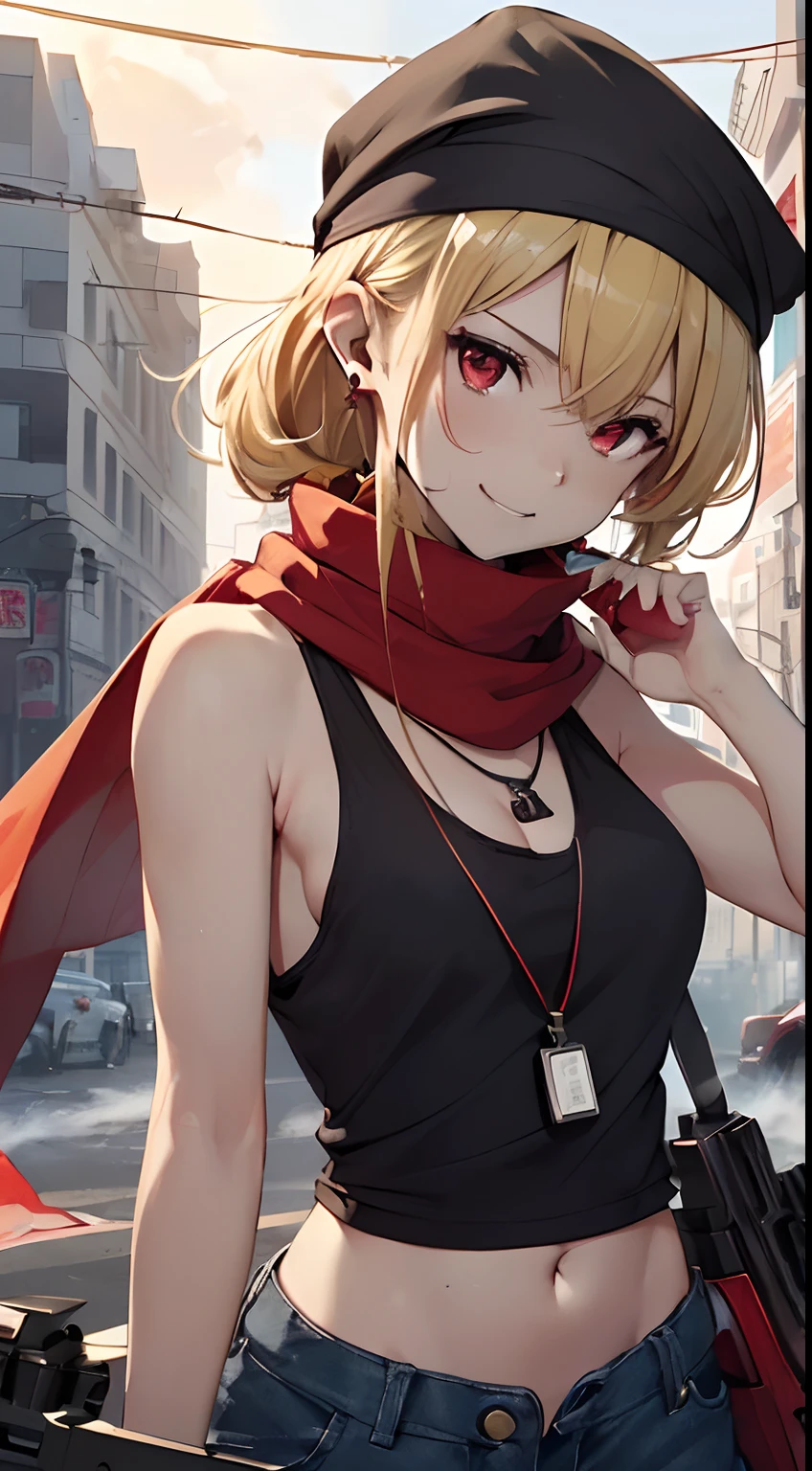 top-quality、Top image quality、masterpiece、girl with((18year old、Blue navel tank top、Military pants、Best Bust、Bust 90、Blonde Away Tail、Red Eyes、open chest wide、Valley、Happiness、A slender、ssmile、black bandana、Holding a revolver in your right hand,Earphone jack in ear、Red Body Paint、Shooter、Black scarf、dog tag、a little muscular、nffsw))hiquality、Beautiful Art、Background with((Survival Games、Burning smoke、drone、Sunny city))、masutepiece、Elaborate design、visualart、
