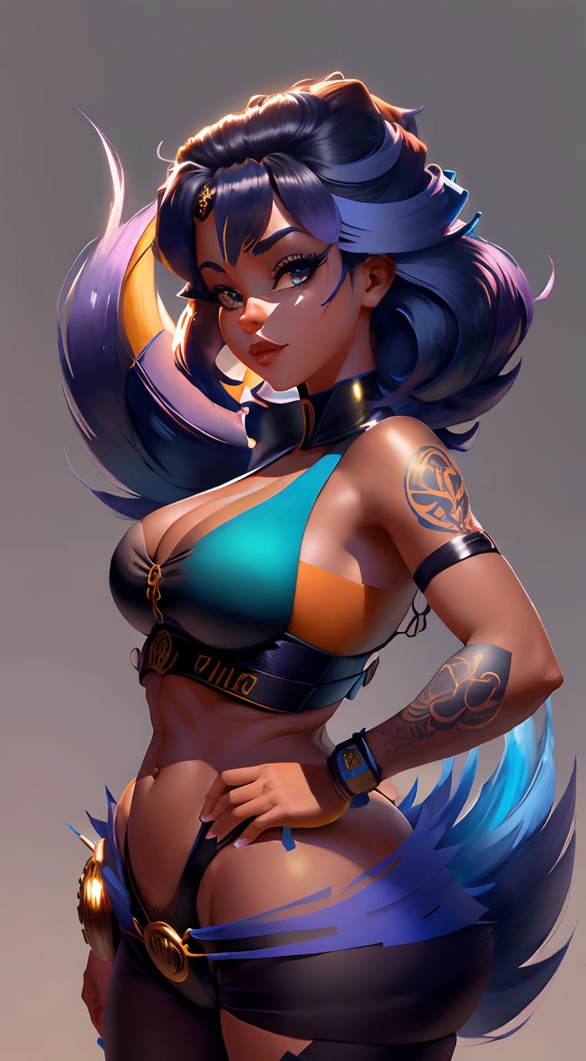 master part, best quality, (Muito detalhado CG unidade 8k papel de parede) (best quality), (best illustration), (Melhores Sombras) uma mulher de corpo inteiro, fundo simples, GRADIENT BACKGROUND, maquiagem, pele azul, Cabelo roxo, Olhando para cima, batom, dinamico, action, ass