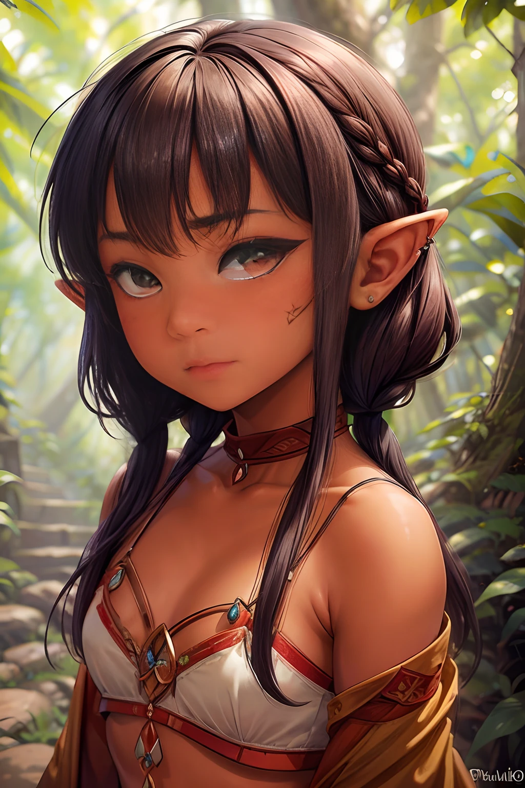 Masterpiece, high quality, high resolution, sexy adult brunette tanned light brown skin elf, short black pixie hair, using primitive tribal dressing, blurred forest in the background, piercings in head belly button and nipple, ultra detailed face, ultra detailed body, pores body, tribalism elf tattoos, solo, girl (small chest, embarrassed facial expression), curvy body, makeup, eyeliner, red cheeks