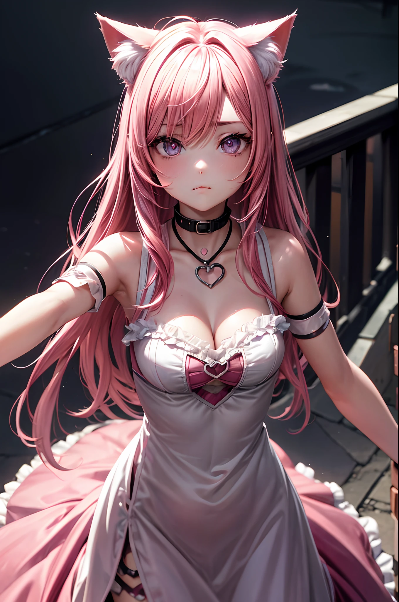 Pink hair, Heart-shaped pupils, Cat ears, Pout, Chiaroscuro, romanticism lain, lines of movement, viewfinder, From above, Sony FE GM, hyper HD, retinas, Masterpiece, Textured skin, 8K, High details, Super detail