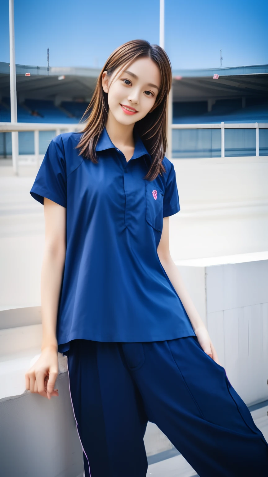 (bestquality,10,10,highres,masterpiece:1.2),ultra-detail,(Realistic,photorealistic portrait,photo-realistic:1.37),1 Cute girl in the football field,oily shiny skin,bara,light smile,BDclothes,((blue shirt:1.3)),short sleeves,shirt, trousers.,(navy_long_Pants Track:1.1), ((Stadium Background:1.3)),dynamic angle,excited,face focus,Dynamic Poses,from behide,Ass Focus,masterpiece, bestquality, ultra realistic, hyper-detail, 8k resolution, RAW photo, crisp focus, ((Navy blue shirt:1.1)), short sleeves, Long Path, Perfect body, 2 mature women, 18yo, cinematic light,Blue sweatpants,Gymware,Correct anatomy,Complete body, Correct body, sharp face, Anatomically correct body, full entire body, Realistic gestures, long-haired, Realistic poses,Wear long shorts....................,Long leg span,Shapely,Sculpting Girl, Slender Figure, mannequin mannequins, Shapely, Beautiful body,Blue sweatpants,Sit on your side.,On my side......,Seated