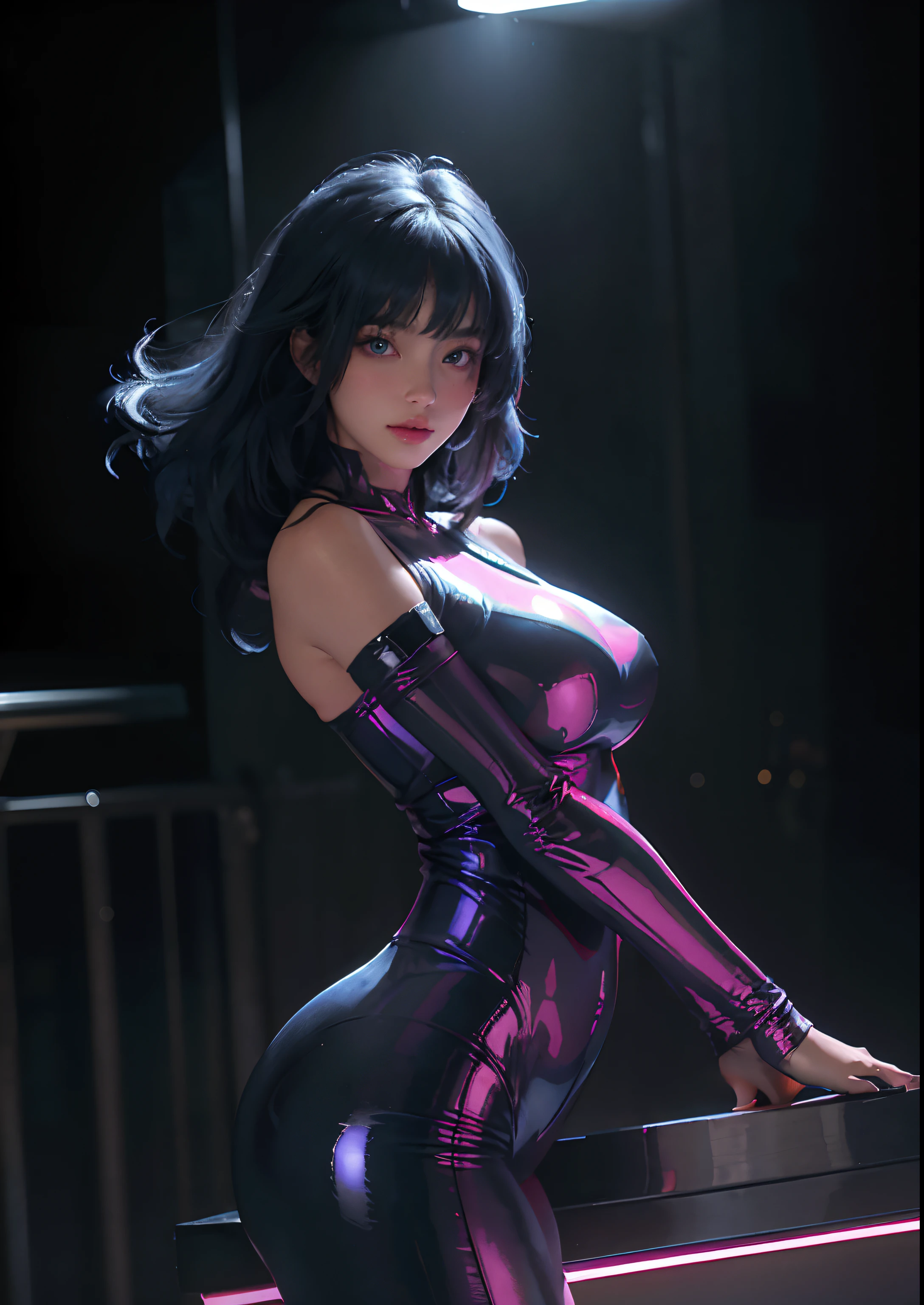 Best Quality, Masterpiece, Ultra High Resolution, (Realisticity: 1.9), Original Photo, 1Girl, Bare Shoulder, full body portrait, futuristic neon lit city at night, Movie Lighting , sexy bodysuit, large breasts, large buttocks, long hair , large breasts, parted lips, metallic pink bodysuit, blue eyes, dark blue hair, solo, alice (masterpiece:1.4),(best quality:1.4),(shiny skin),realistic, ((luminous. Very alluring and seductive pose. )) slight smile.