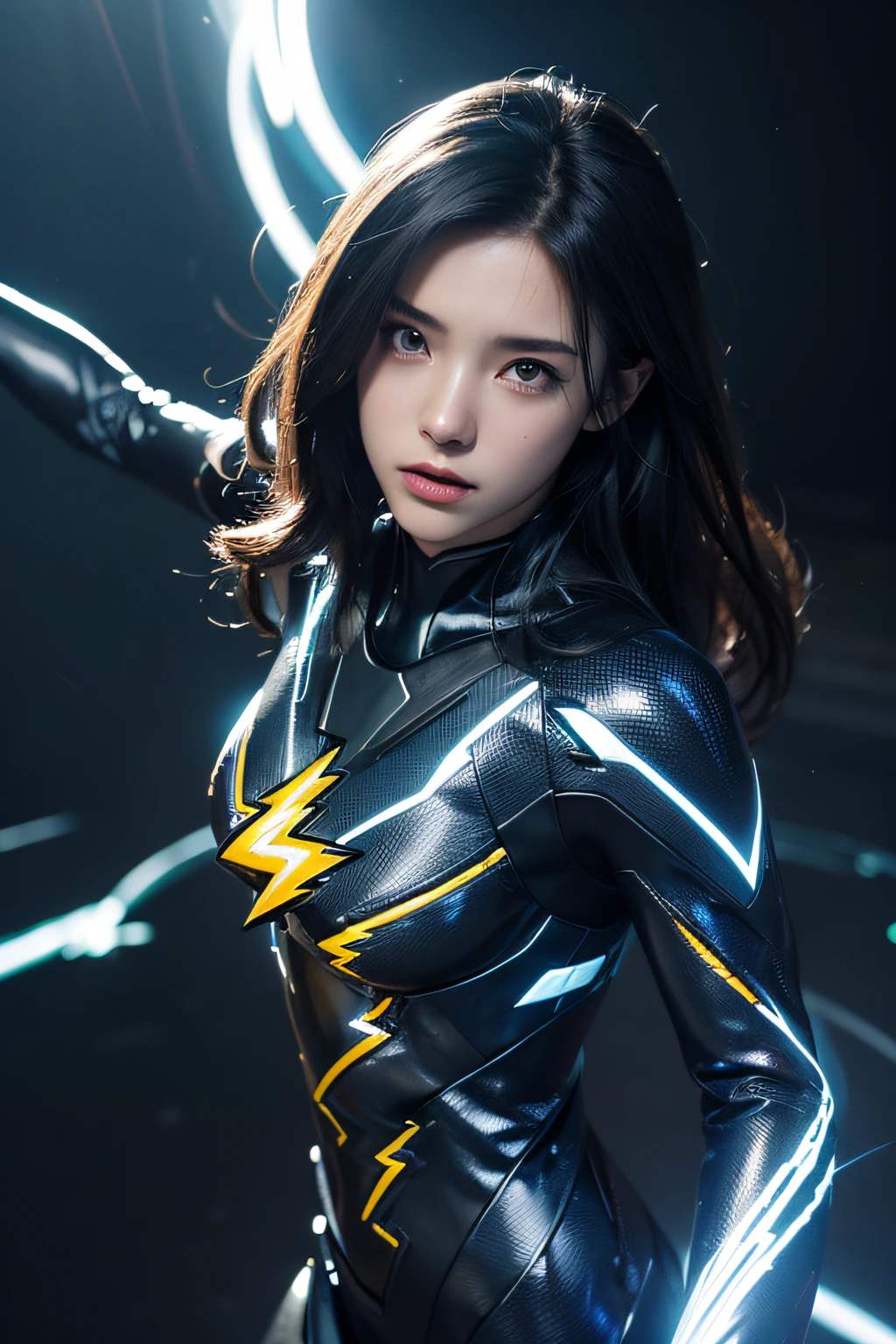 (18-year-old young woman dressed in the body of a soul with blue and black lightning particles emitted around her), 3D Rendering, Movie special effects, Movie Lighting, ruin city, Clear HD, 8K resolution, Very detailed, Digital Painting, Concept art, Shinkai Makoto style, Pop prevalence trend, Pop, Pop Trends, Pixiv Pop Trend.