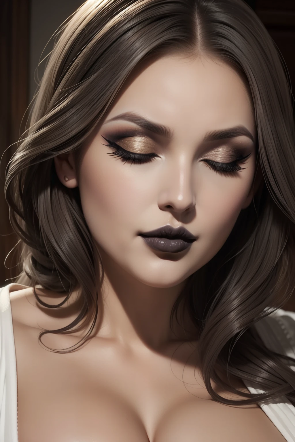 LUCY pinder, face portrait, ((GRAY LIPSTICK)), mouth wide open, eyes closed, (( VERY INTENSE MAKEUP)), ((MAKEUP)), chubby woman, Melora Hardin, cleavage