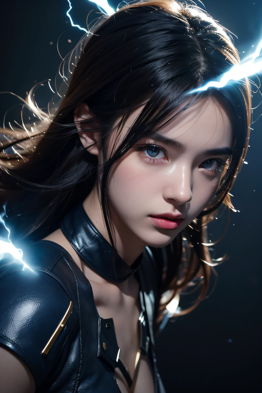(18-year-old young woman dressed in the body of a soul with blue and black lightning particles emitted around her), 3D Rendering, Movie special effects, Movie Lighting, ruin city, Clear HD, 8K resolution, Very detailed, Digital Painting, Concept art, Shinkai Makoto style, Pop prevalence trend, Pop, Pop Trends, Pixiv Pop Trend. Poses with different movements、​masterpiece, top-quality, hightquality, hight resolution、(((facial close-up)))、((Reflection in side view))