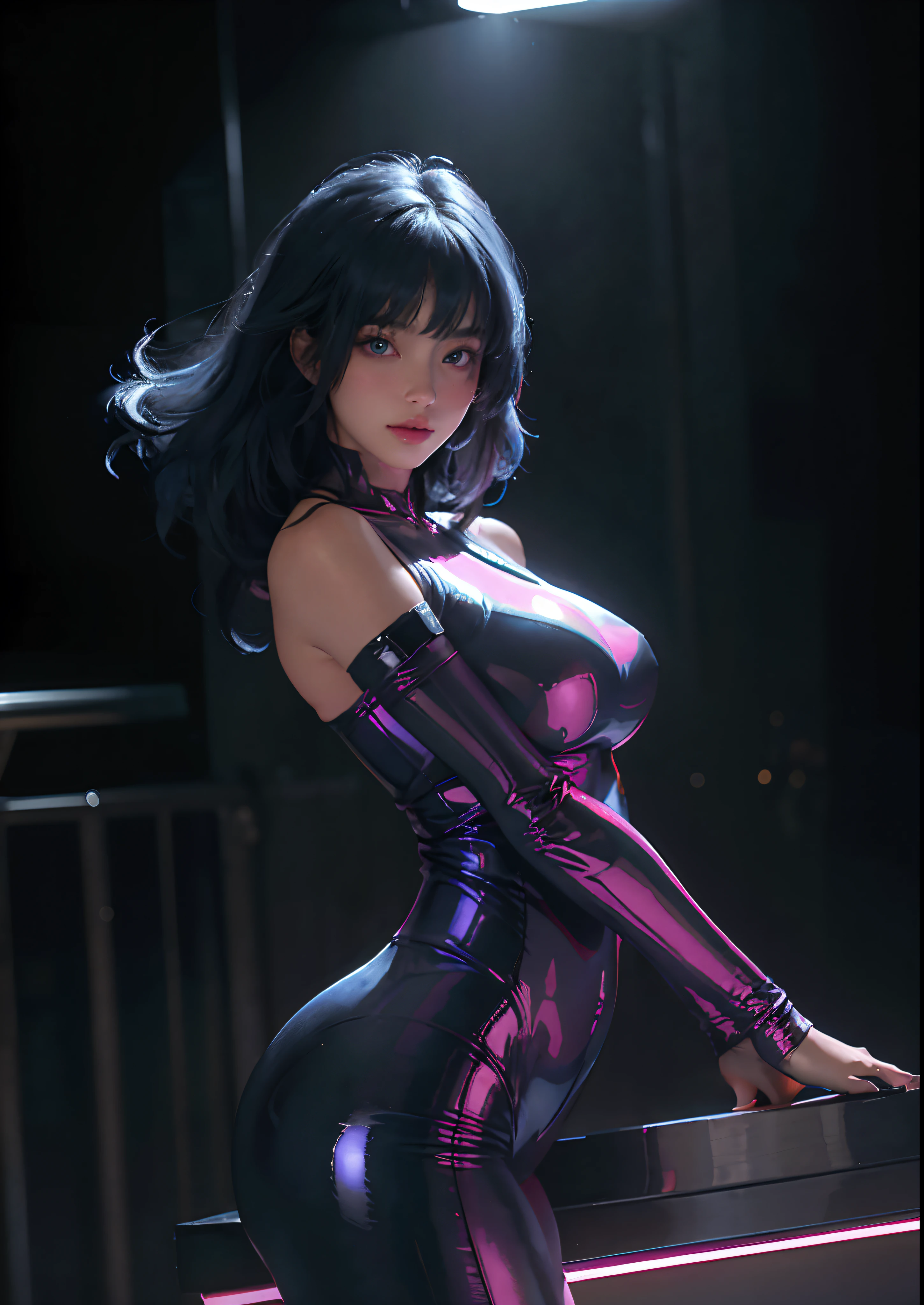 Best Quality, Masterpiece, Ultra High Resolution, (Realisticity: 1.9), Original Photo, 1Girl, Bare Shoulder, full body portrait, futuristic neon lit city at night, Movie Lighting , sexy bodysuit, large breasts, large buttocks, long hair , large breasts, parted lips, metallic pink bodysuit, blue eyes, dark blue hair, solo, alice (masterpiece:1.4),(best quality:1.4),(shiny skin),realistic, ((luminous. Very alluring and seductive pose. )) slight smile.