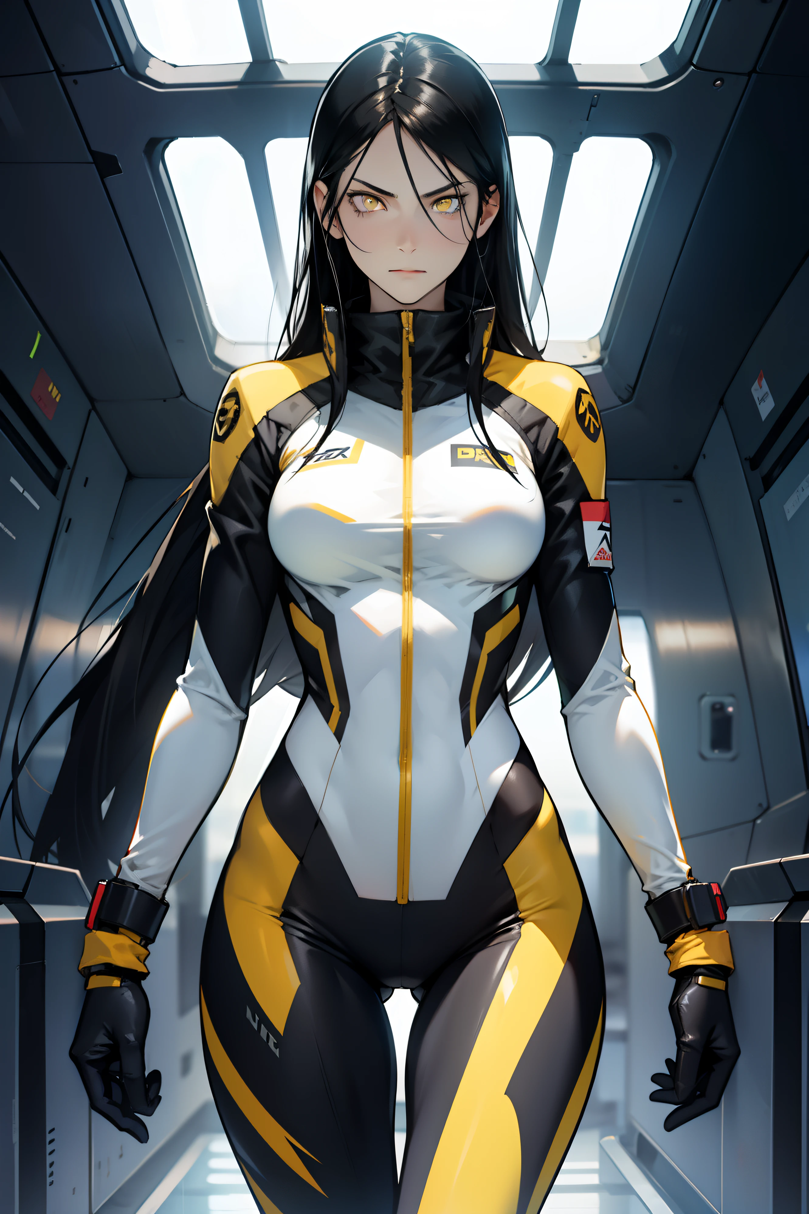 1 girl, black hair, yellow eyes, very long hair, pale skin, fit body, slender body, slim waist, large breasts, (confident expression), pilot suit, thigh gap