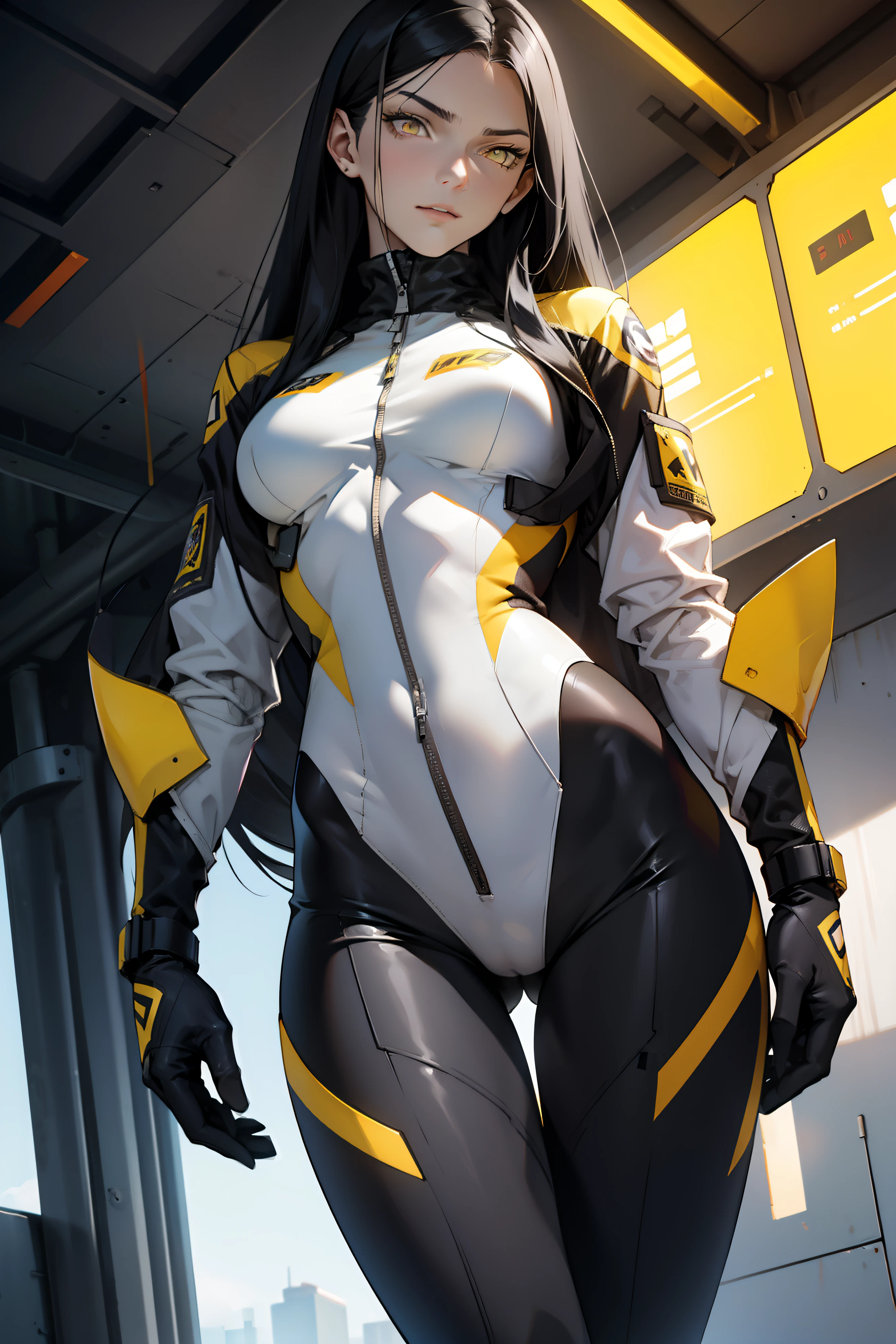 1 girl, black hair, yellow eyes, very long hair, pale skin, fit body, slender body, slim waist, large breasts, (confident expression), pilot suit, thigh gap
