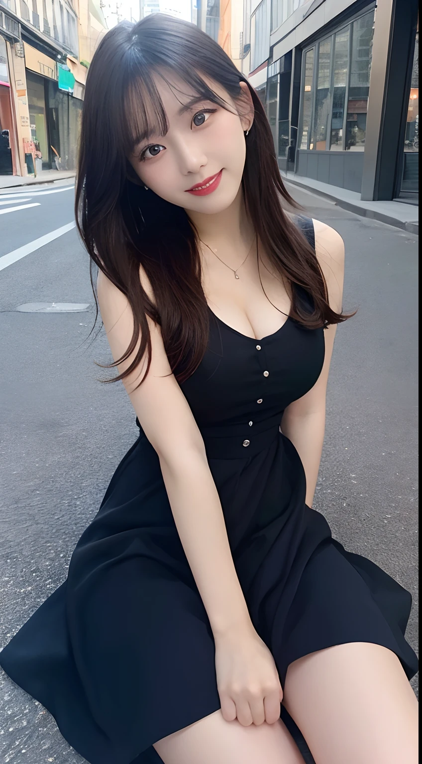 masutepiece, Best Quality, Illustration, Ultra-detailed, finely detail, hight resolution, 8K Wallpaper, Perfect dynamic composition, Beautiful detailed eyes, (doress),Medium Hair, Same as, Natural Color Lip, Random and sexy poses, Beautiful breasts、Smile, piercings, a necklace, Aoyama Street Walk, 20 years girl, depth of fields、full body Esbian