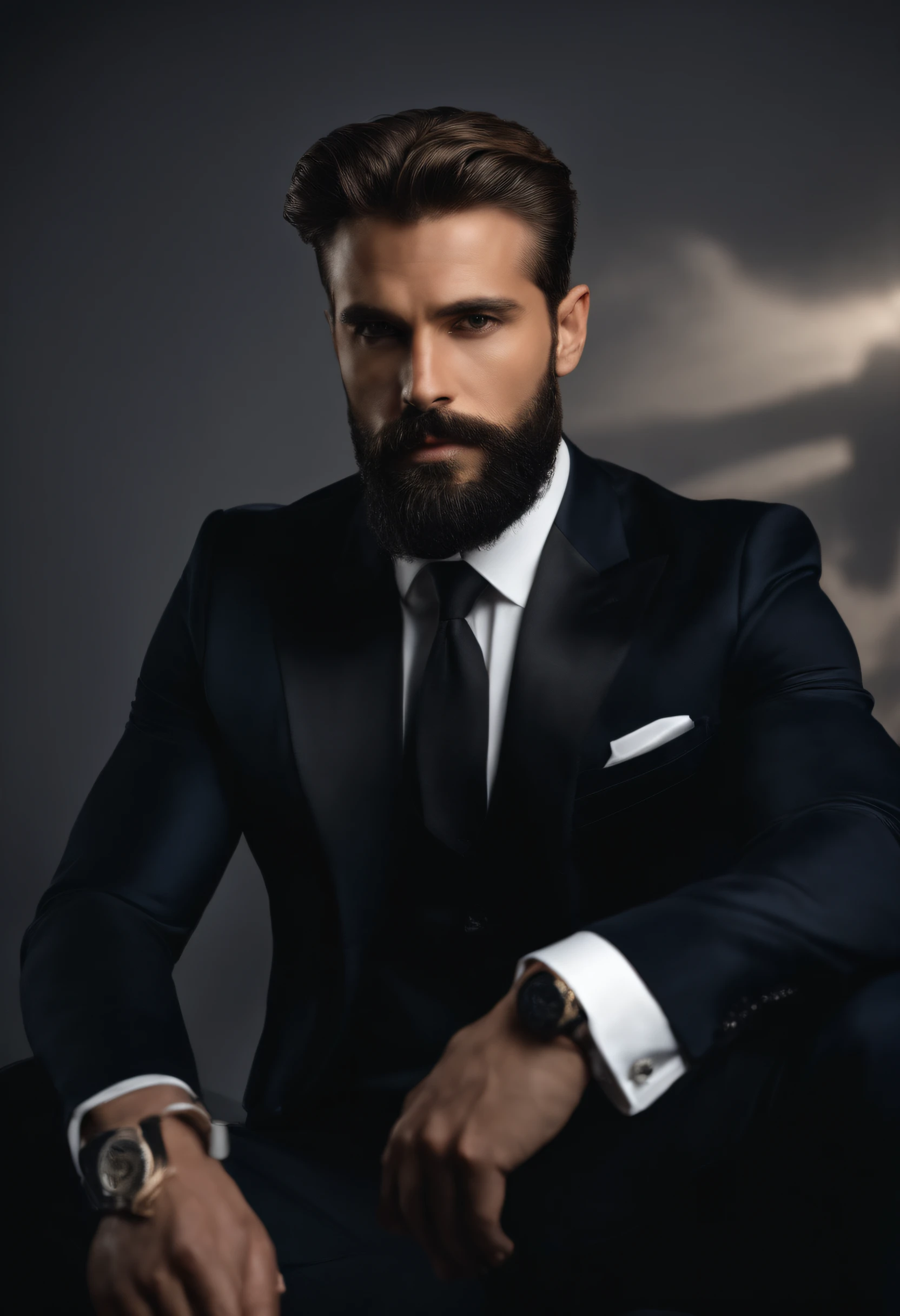 en haut、Faire un bel homme noir de 30 ans face camera, (Utilisez une barbe,) Attractive and serious look, cheveux noirs courts, Elegant and elegant, Shave Tightly Fitting in Suit and Strong Body, (highly quality, Realistic images), Dark and light black on image background, Style de film, ((premier quality, 8k, tmasterpiece), Ultra High Definition Photo, (Beautiful detailed faces, detail skin texture, Hyperdetailed body:1.1)