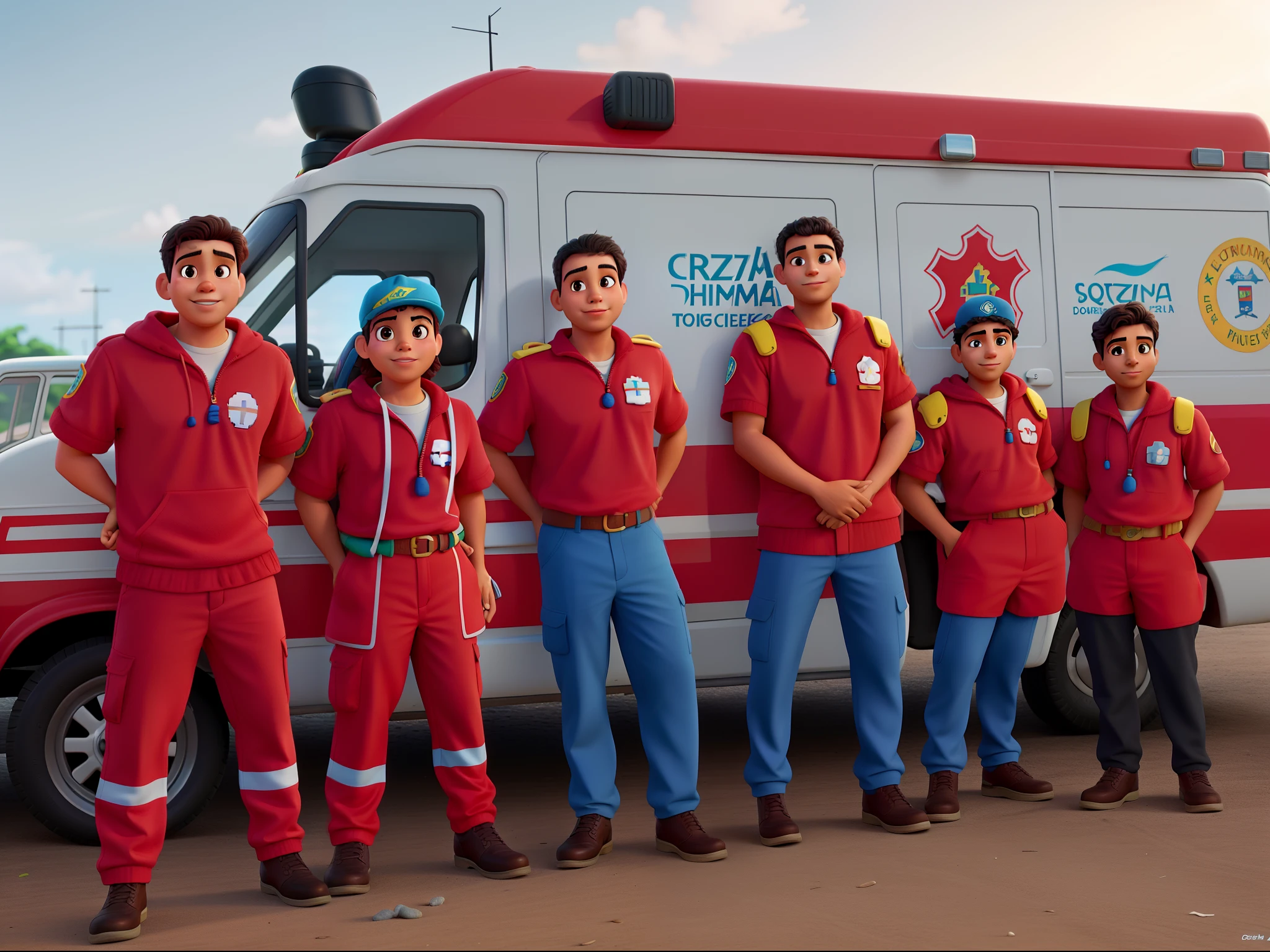 Socorristas da Cruz Vermelha Brasileira, in front of the ambulance High quality Disney pixar style.