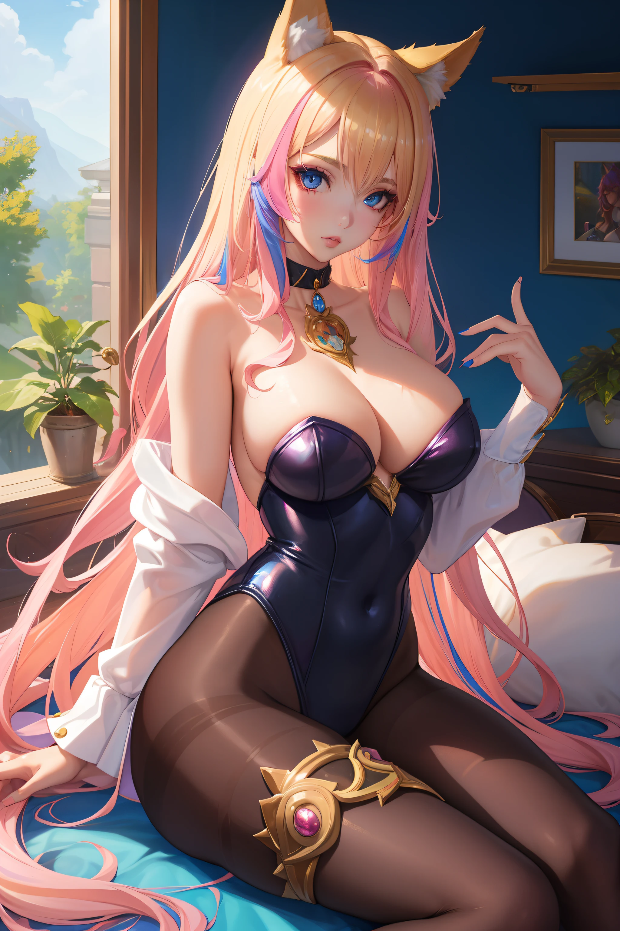 (masterpiece, best quality:1.2), intricate details, 1girl, animal ears, k/da (league of legends), pantyhose, blonde hair, cleavage, leotard, ahri (league of legends), fox ears, makeup, long hair, crystal, looking at viewer, bare shoulders, hair ornament, sitting, eyeshadow, multicolored hair, choker, lips, large breasts, blue eyes, strapless leotard, pink hair, thighs, realistic, (mature female:1.2),