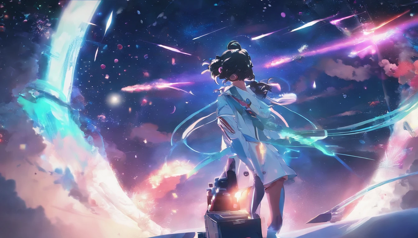Anime Girl in space with text stop overthiking, dreamy psychedelic anime, esmagador, Elogio Artstyle, aesthetic award winning anime, Arte no estilo de Guweiz, arte em alta de anime, Transbordando, portrait anime space cadet girl, anime asthetic, anime inspiration, Arrogante, pixiv trending, anime aesthetic, ( ( Makoto Shinkai ) )