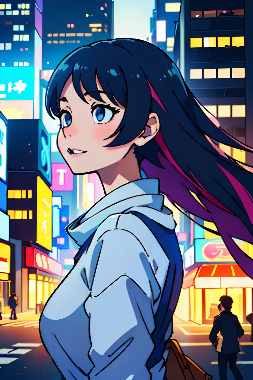 (anime:1.2),(best-quality:0.8), extreme closeup portrait of a young woman walking through a bustling city, (realistic:1.2) vibrant and detailed eyes, soft and smooth skin, flowing hair, a gentle smile on her lips, (vivid colors) vibrant and contrasting hues that capture the energetic atmosphere of the city, (sharp focus) every intricate detail of her face and surroundings, (studio lighting) a soft, natural light that enhances the depth and three-dimensionality of the image, (urban setting) tall skyscrapers and busy streets, (motion) slight movement in her hair and clothing to create a sense of dynamism, (bokeh) softly blurred background lights that add a touch of magic to the scene.