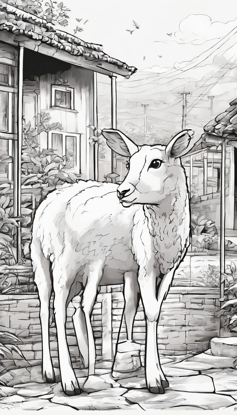 A black and white commercial illustration of white lamb, muito bonito, ele se encontra em uma cidade cheia de animais, To your right is your very adorable wolf friend. O cordeiro possui um olhar muito fixo. Both are close to the center of the city. The city is portrayed in a natural way, com casas de madeira ao redor. The image should have a natural style with fine strokes and a touch of manga. A ovelha deve ser representada em detalhes, with his expression demonstrating purity and determination in his task. A imagem deve ser em preto e branco com alta qualidade, with a pencil and ink caricature drawing style, com cores neutras e leves. Certifique-se de pegar o lobo cinza conversando com o cordeiro, but not so glued together symbolizing happiness and hope in the face of life's challenges.", 16k