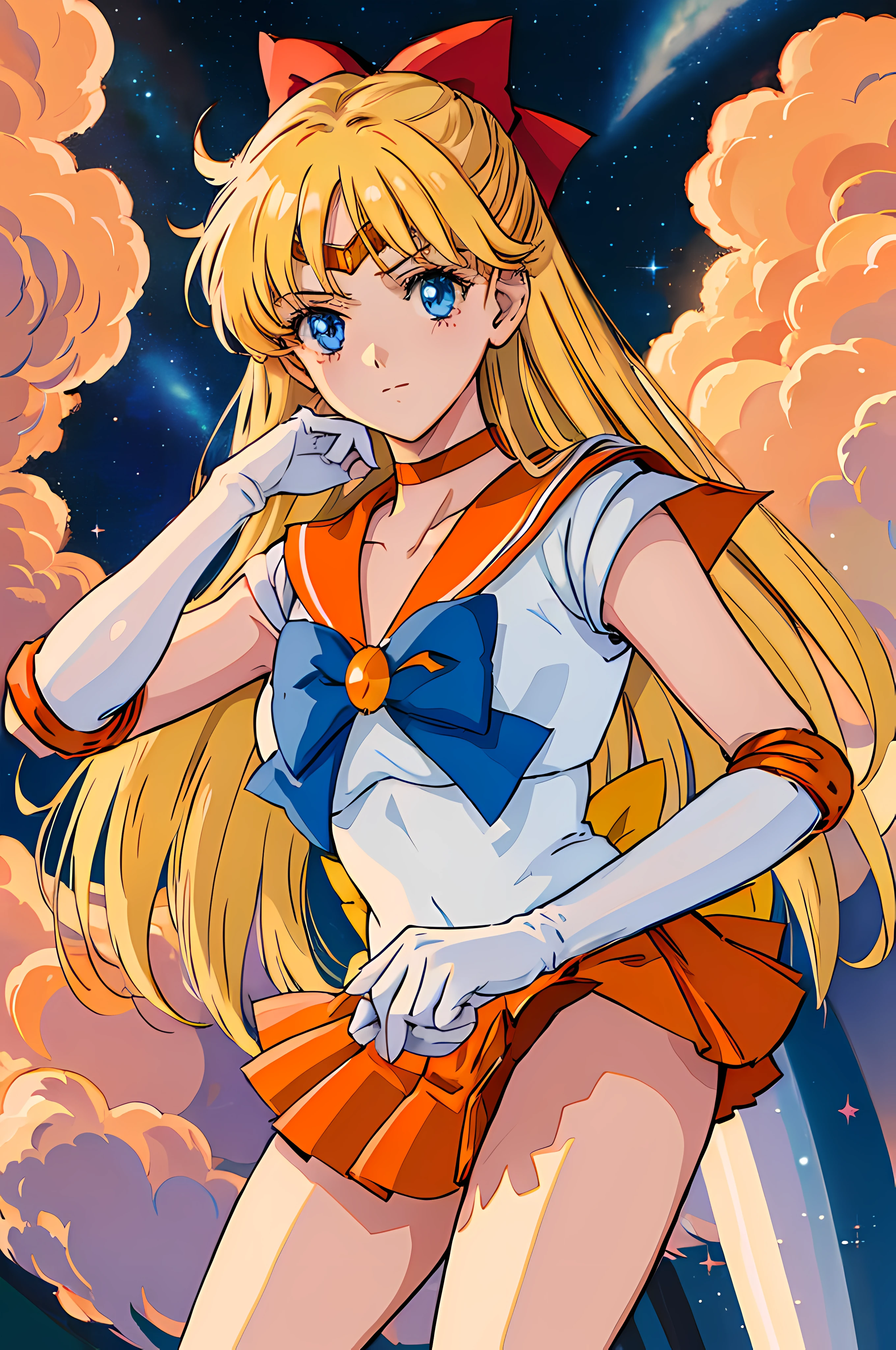 masterpiece, best quality, highres, SV1, senshi sailor uniform, orange skirt, elbow gloves, tiara, pleated skirt, miniskirt, red bow, orange choker, white glove, faint smile, looking at the viewer, starry sky, front view, portrait