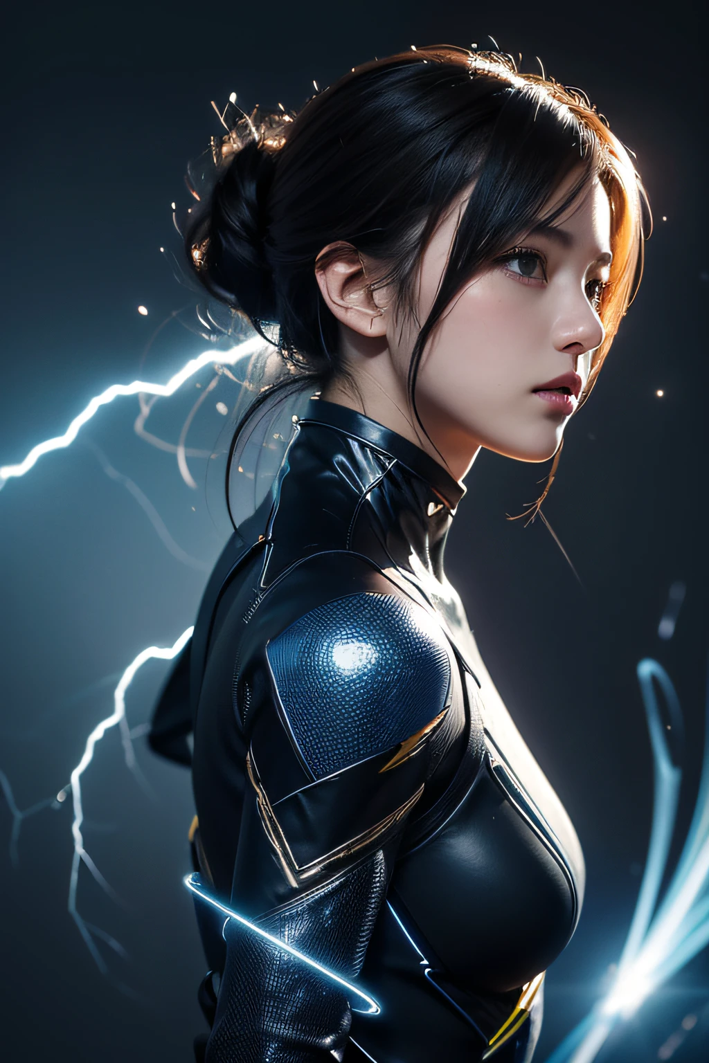 (18-year-old young woman dressed in the body of a soul with blue and black lightning particles emitted around her), 3D Rendering, Movie special effects, Movie Lighting, ruin city, Clear HD, 8K resolution, Very detailed, Digital Painting, Concept art, Shinkai Makoto style, Pop prevalence trend, Pop, Pop Trends, Pixiv Pop Trend. (Poses with different movements)、masterpiece, top-quality, hightquality, hight resolution、(((facial close-up)))、((Side view reflection))