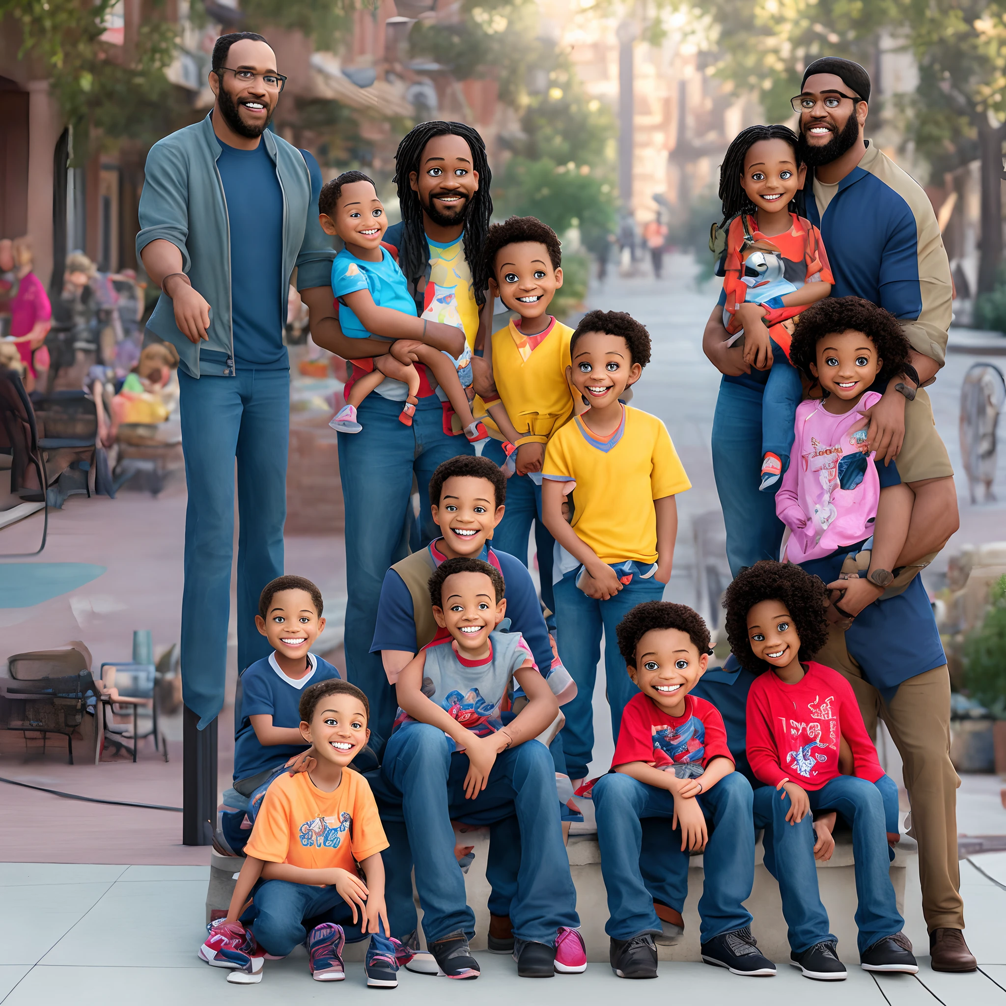 Disney Pixar: Black Dad With Thin Beard With Three Kids, A -Yeld Gi A 5-Year-Old And -Year-Old Girl Sig On Sidewalk
