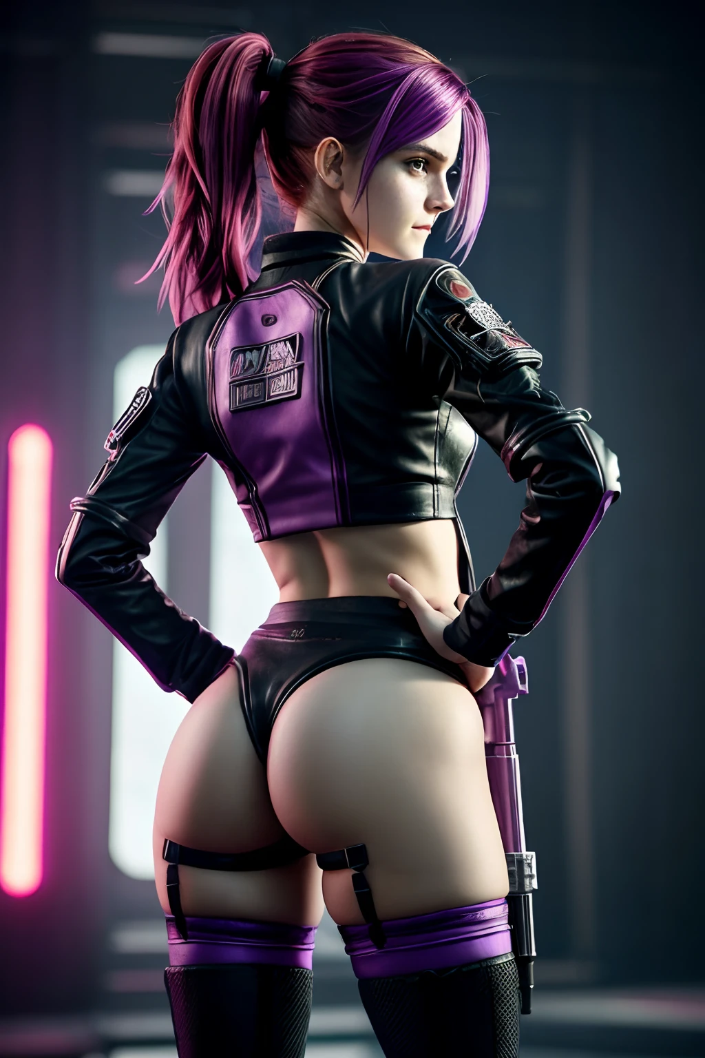 (((Emma Watson))) dressed in cosplay of ((jinx))(back view) (open legs) (M-shaped) araffe cosplaying with a gun and a purple outfit, jinx from league of legends, jinx from arcane, vi from league of legends, alice in wonderland cyberpunk, vi from arcane, cyberpunk angry gorgeous goddess, arcane jinx, in cyberpunk style, seductive cyberpunk dark fantasy, oppai cyberpunk, cyberpunk 2 0 y. o model girl, cyberpunk vibes