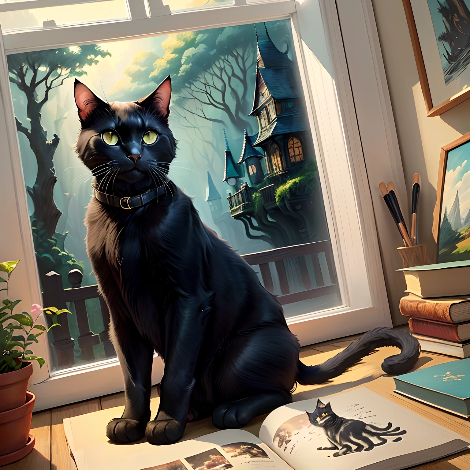 If it's fantasy, it's a black cat with an atmosphere, a picture book illustration style, cute illustrations