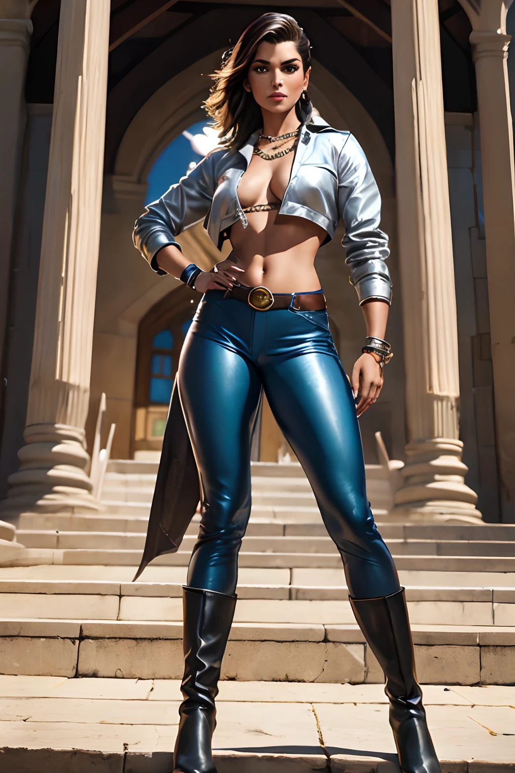 (SFW)Uma estilosa guerreira pirata de longos cabelos ruivos ondulados, medium breasts covered by a silver chain, cintura fina, sensual e bonita, Wearing Aged Leather Pants, Thigh-high lined Buccaneer boots, Holding a Spear Iron Firmly,Standing next to the steps of a cathedral