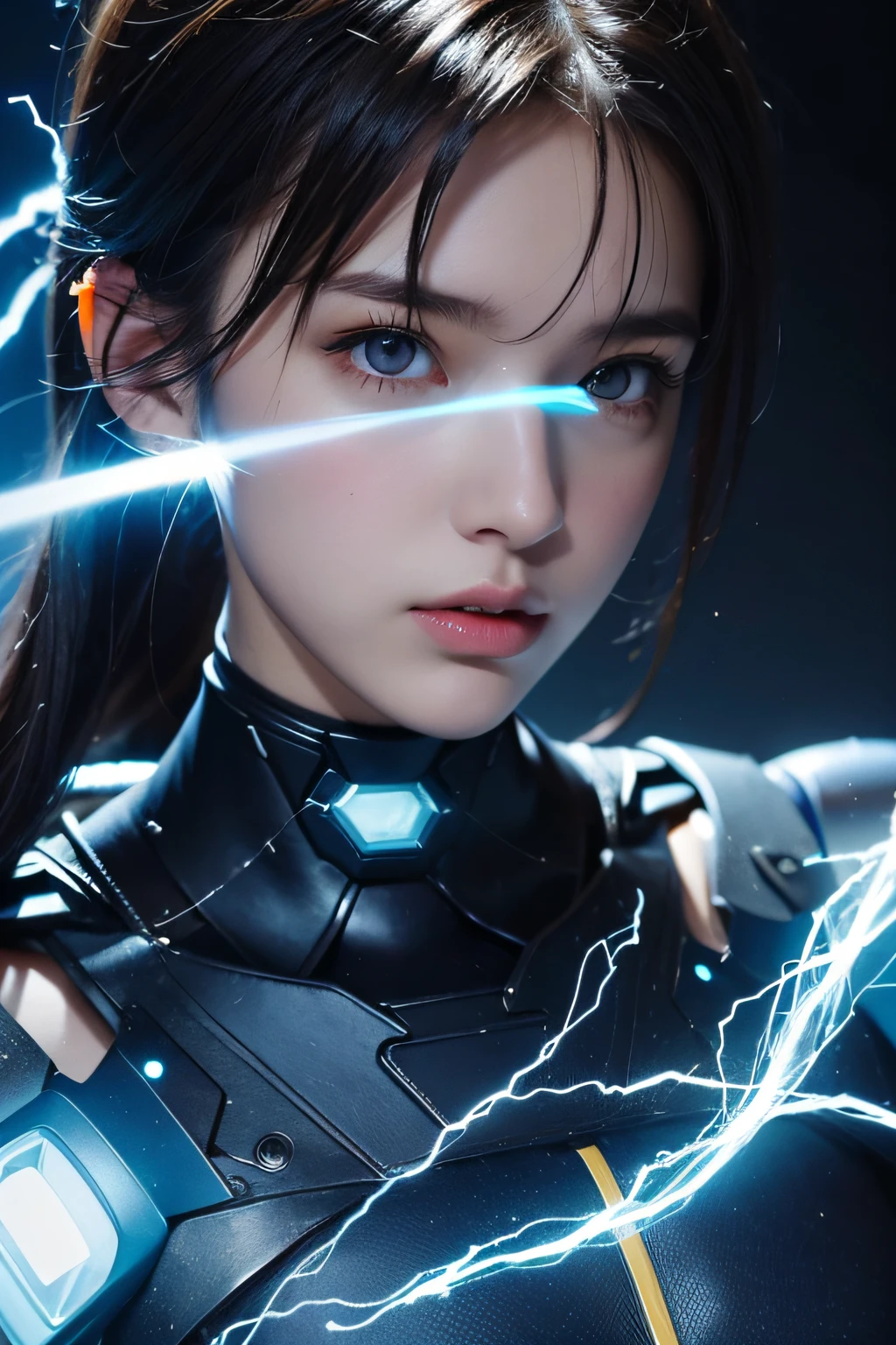 (18-year-old young woman dressed in the body of a soul with blue and black lightning particles emitted around her), 3D Rendering, Movie special effects, Movie Lighting, ruin city, Clear HD, 8K resolution, Very detailed, Digital Painting, Concept art, Shinkai Makoto style, Pop prevalence trend, Pop, Pop Trends, Pixiv Pop Trend. ((Poses with different movements))、​masterpiece, top-quality, hightquality, hight resolution、(((facial close-up)))、