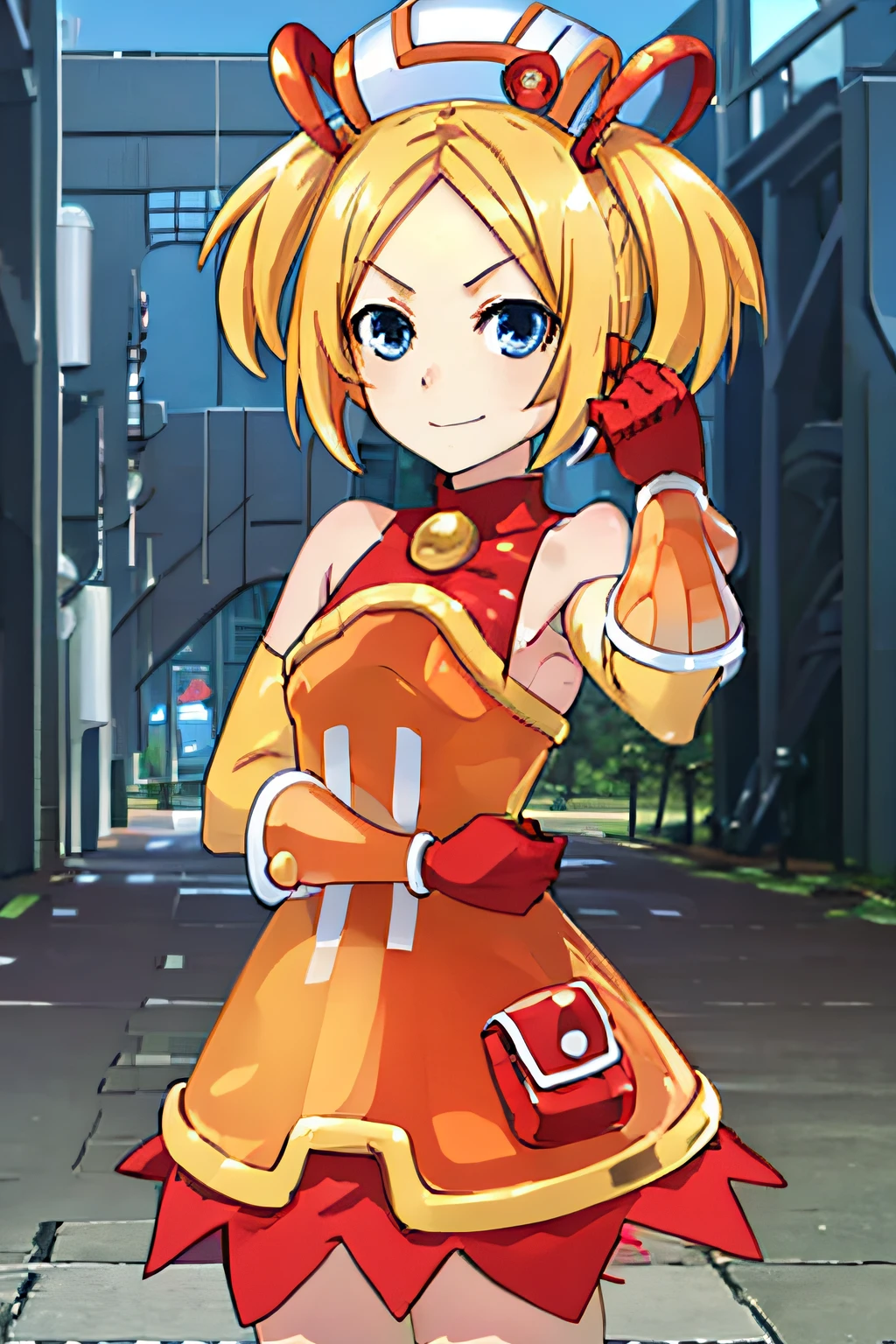 BSHA, SHORT HAIR, BLUE EYES, BLONDE HAIR, SMALL BREASTS, SHORT TWINTAILS, GLOVES, HAT, BARE SHOULDERS, BOOTS, SOCKS, DRESS, 1girl, solo, upper body, facing viewer, looking at viewer, smile.