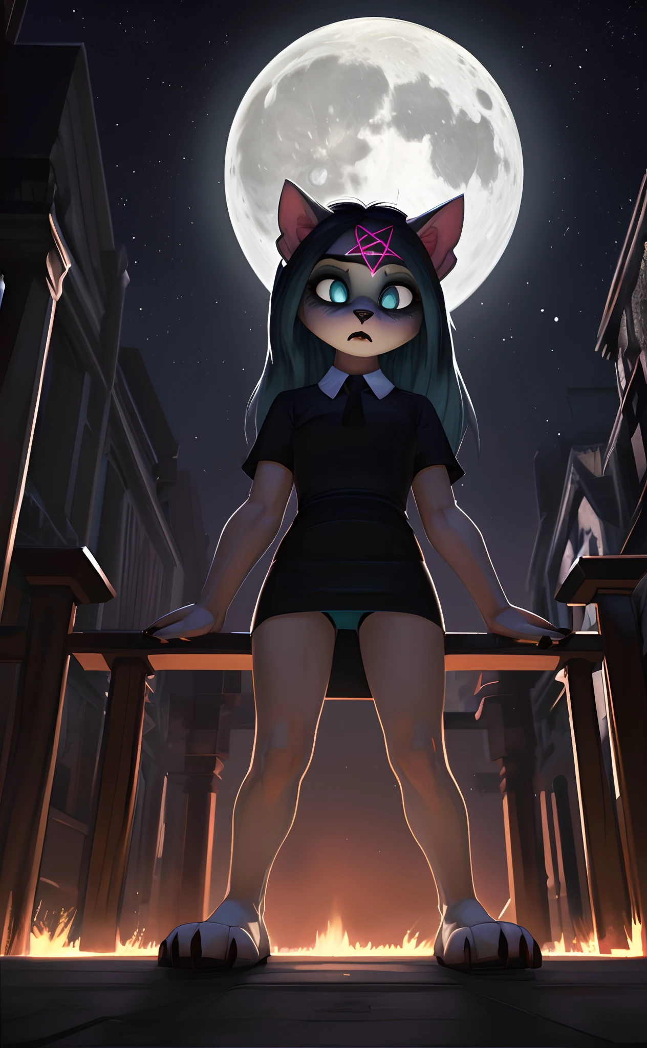 [Claire (the summoning)], [Uploaded to e621.net; (Pixelsketcher), (wamudraws)], ((masterpiece)), ((1girl)), ((solo portrait)), ((full body)), ((POV)), ((upper-lower angle view)), ((furry; anthro)), ((detailed fur)), ((detailed shading)), ((beautiful render art)), ((cinematic lighting)), ((horror)), ((menacing)), {anthro; (slim figure), white fur, black nose, (cut on left ear), long blue hair, (bang over left eye), (pink glowing pentagram on forehead), (cute cyan cat eyes), (glowing eyes), (slit pupils), (camel toe), (gorgeous hips), (beautiful legs), (beautiful feet), (black claws), (expressionless)}, {(short sleeve black white-collared shirt), (tight short bodycon dress), (upskirt light-blue panties)}, {(standing over viewer), (arms at side), (looking down at viewer)}, [background; (park), (nighttime), (starry sky), (full moon), (ambient lighting)]