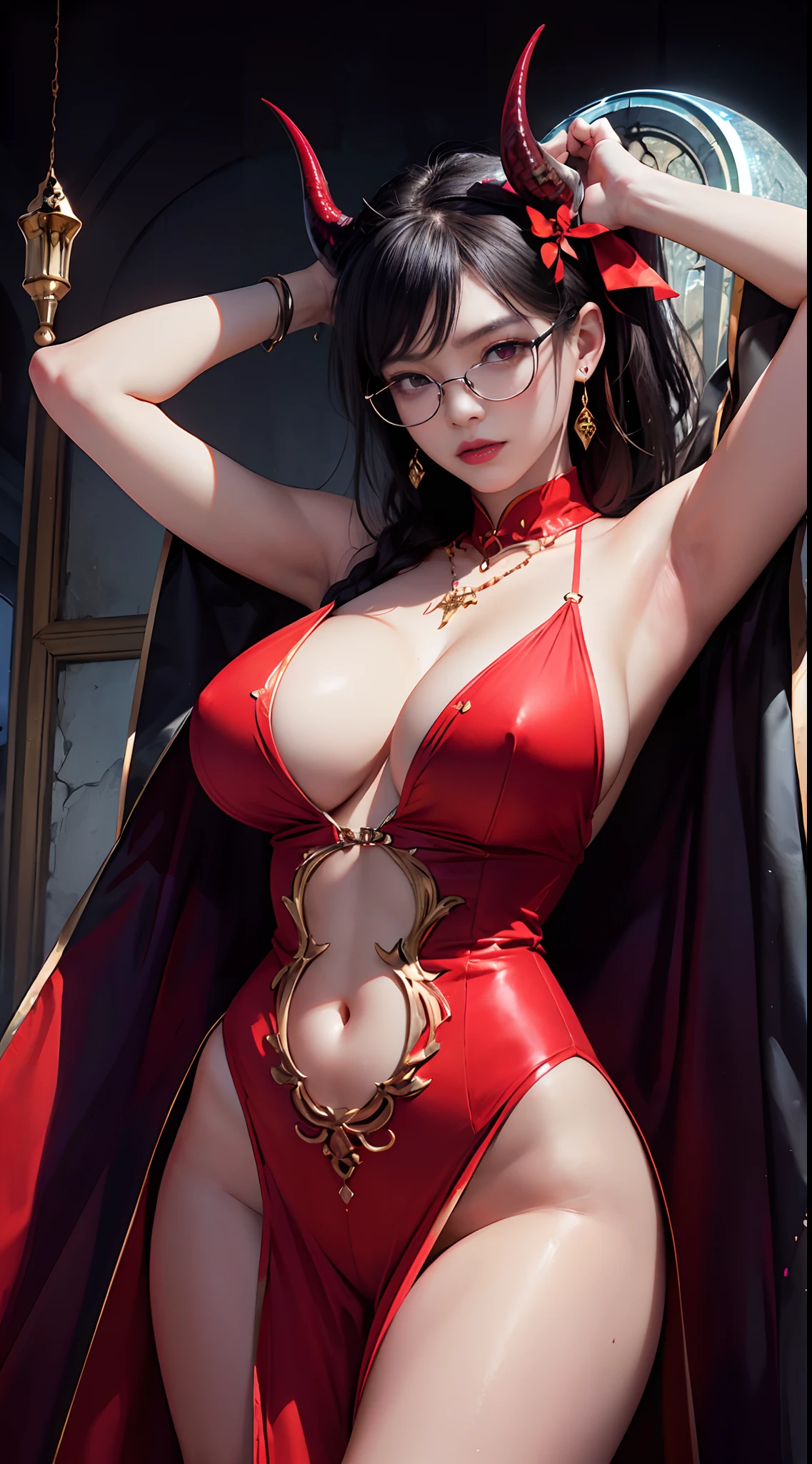 Fine、(The best illustrations)、8k UHD resolution、intricate-detail、top-quality、realisitic、ultra-detailliert、The best lighting、Best Shadows、Soft lighting、Ulutra HD、Ultra-realistic、Tindall Effect、Photorealsitic、(High Detail Skins:1.2)、 (Intricate details, makeup, pureerosface_v1:0.5), (Detailed beautiful delicate face, Detailed beautiful delicate eyes, A perfectly proportioned face, High detailed skin, Detailed skin, best ratio four finger and one thumb, arms below breasts, Tattoo with a red glow under the stomach、Awesome awesome, wide hips, smooth midriff, skiny and thin, __Fashion__, __hair__:1.25)、Digital SLR、 absurderes、1 beautiful devil woman from hell, surreal female portraits by David Hockney and Alphonse Mucha, Portrait of a seductive woman、Fantasy Art, Chinese Doll、Chinese actress、Dungeon、The dragon、Devil's Palace、Devil's Torture Chamber、natta、Dark style 、In the Dark、(Detailed spooky backgrounds:0.8), magia、 女の子1人、Evil Nun、Dark Necromancer、Succubus、Devil's Daughter、Umi Shinonome、Bat Wings,(((Demon Horns)))、 ((((Huge glasses, Otaku Glasses, thick glasses, Round glasses)))),(((Colossal tits)))、(Devil's Tail)、(red eyes glowing:1.6)、red eyes make up very sharp and detailed, The eyes are very well made up, ((Red Eye:1.0)),intricate tattoos, demonic intricate tattoos, thigh tattoos, body tattoos, masterpiece、The most beautiful face、a baby face、Charming smile、plump beautiful red lips、Muscular seductive body、The enchanting body of the devil、devil style、Seductive Black Magic Costume、(((A shiny red snake is wrapped around her body)))、The long-haired、Braids、Black hair、Ponytail distortion、, Ponytail with a bow tied at the back of the hair, Beautiful expression、Body Up、Large breasts emphasis、Bust, Super tight breasts, Breast augmentation surgery, The breasts are very big and round and round,Toned waist、Wide buttocks、 lowkey, cowboy lens, (red phoenix dress: 1.0), devil crown, Red sparkling gemstone necklace、Jewelry Gwise, wearing black mesh socks,Wear light red、nffsw,