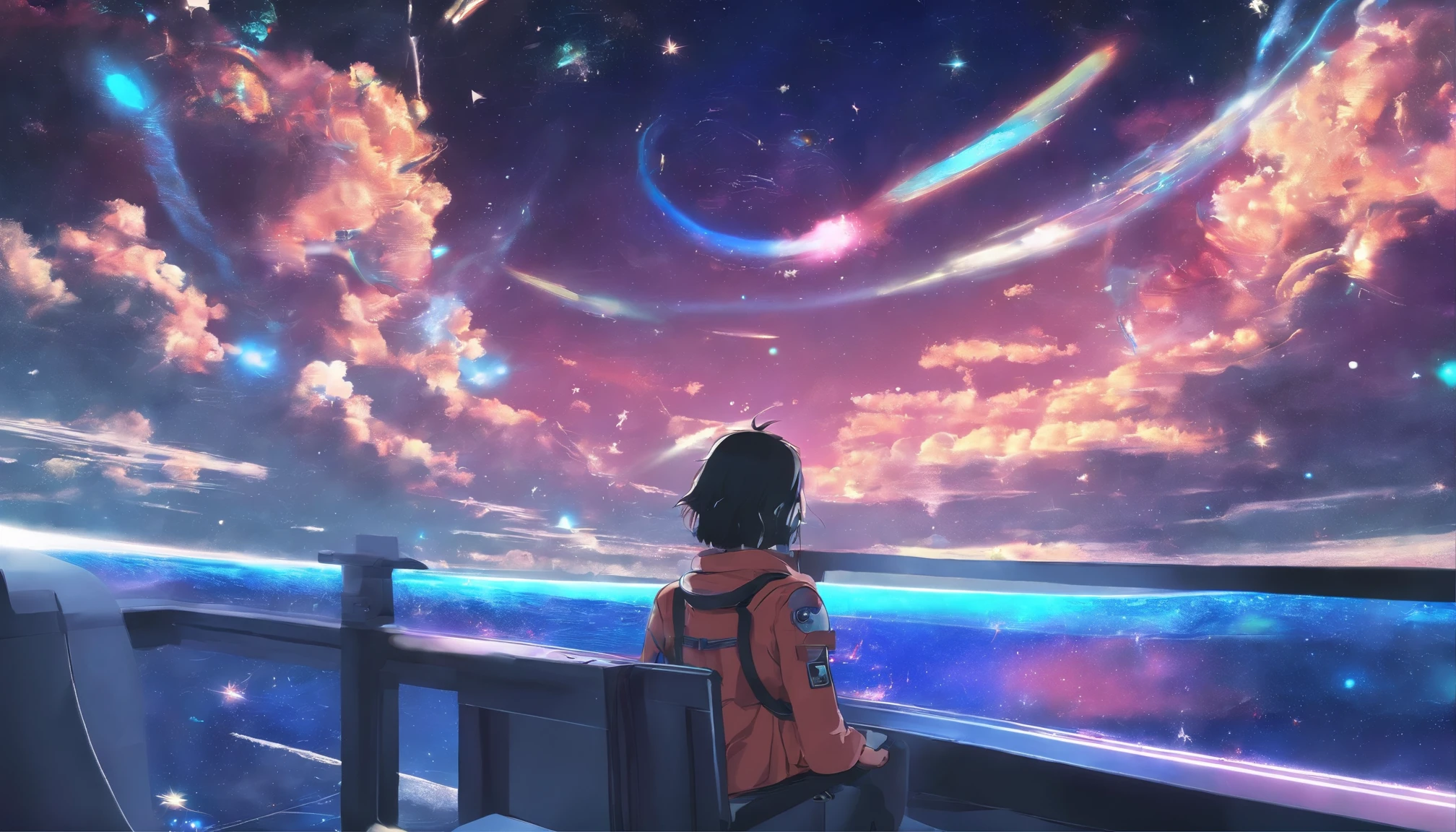 Anime Girl in space with text stop overthiking, dreamy psychedelic anime, esmagador, Elogio Artstyle, aesthetic award winning anime, Arte no estilo de Guweiz, arte em alta de anime, Transbordando, portrait anime space cadet girl, anime asthetic, anime inspiration, Arrogante, pixiv trending, anime aesthetic, ( ( Makoto Shinkai ) )