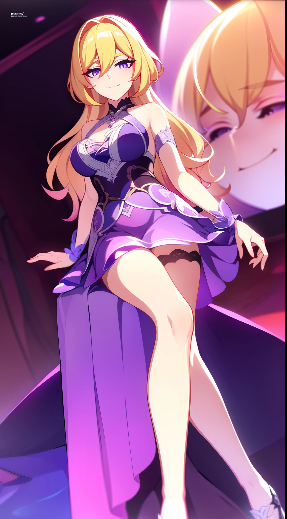 young girl, longue blonde hair, violet eyes, princess dress, Sleeveless, open breasts, smirk, exposed legs, Masterpiece, hiquality, 4k, HD, Good detail