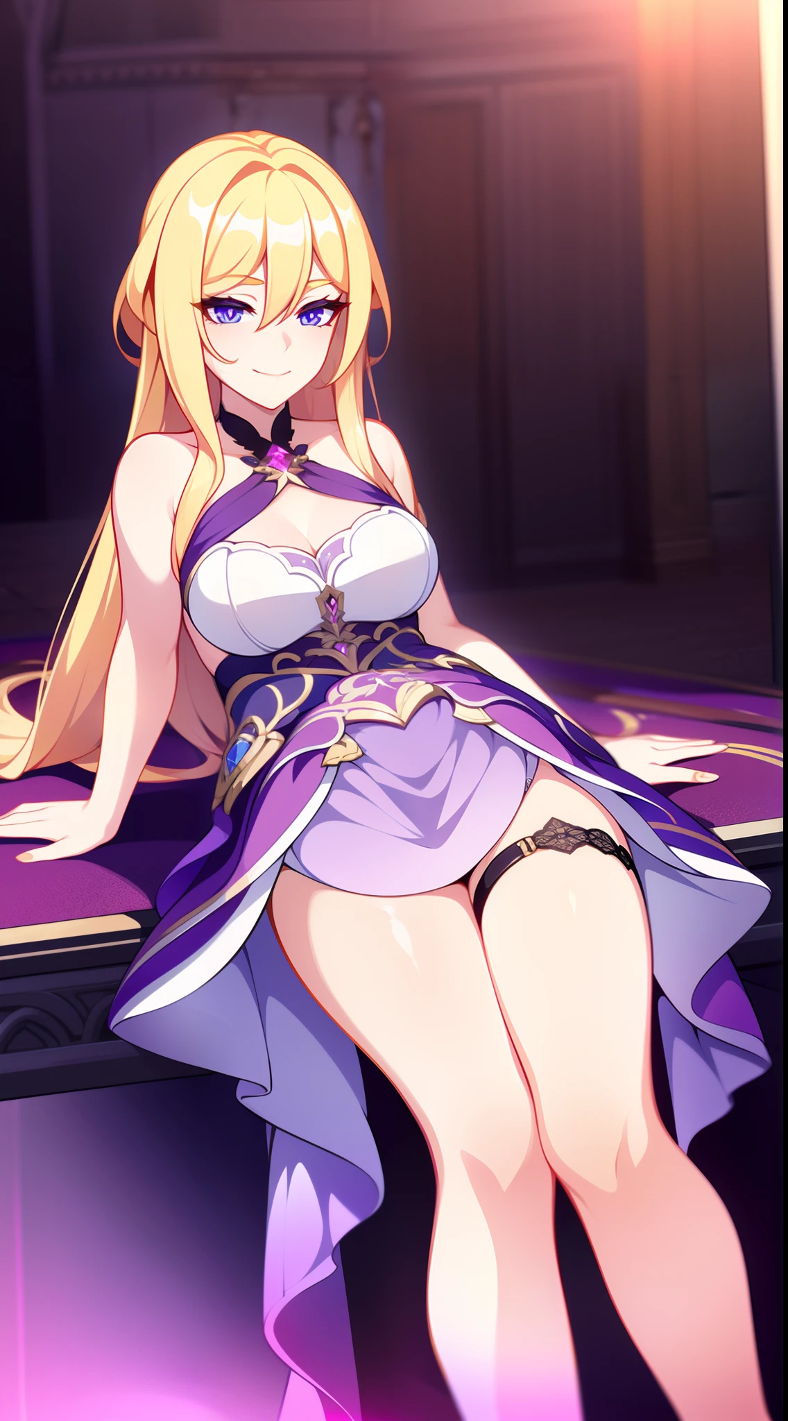 young girl, longue blonde hair, violet eyes, princess dress, Sleeveless, open breasts, smirk, exposed legs, Masterpiece, hiquality, 4k, HD, Good detail